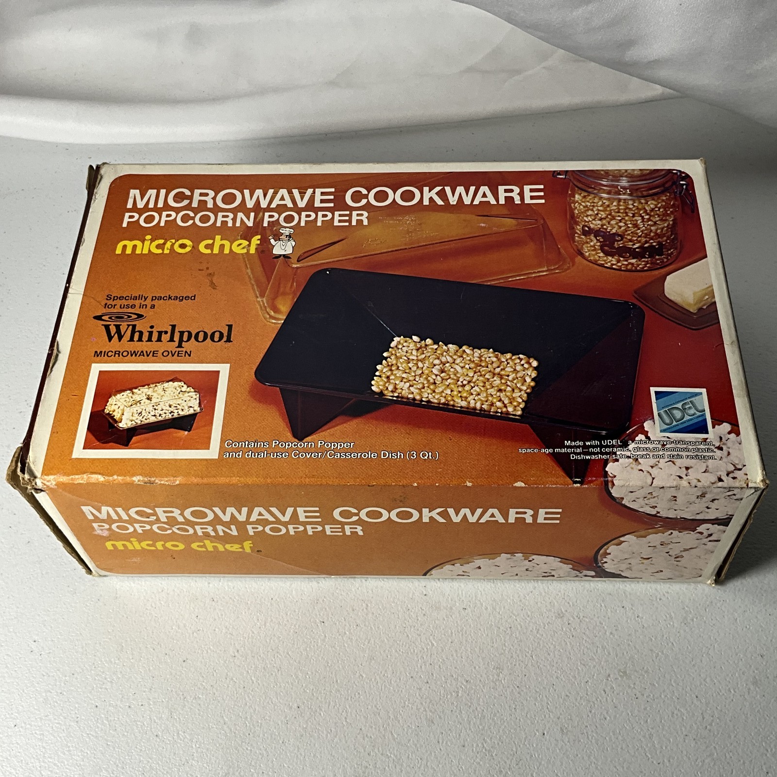 Vintage Micro Chef Microwave Popcorn Popper & 3 Qt Casserole Dish Whirlpool Era