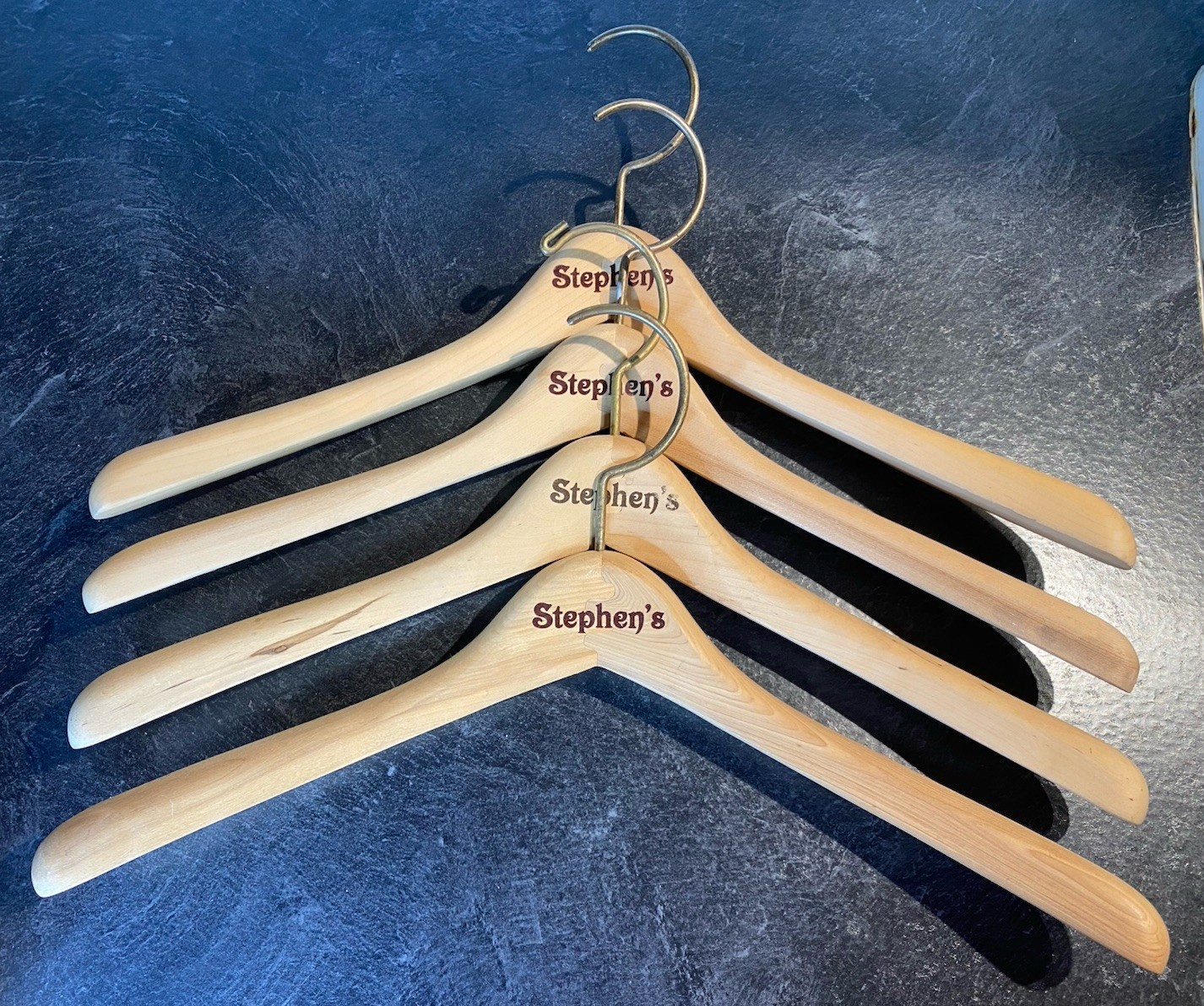 4 Stephen’s Branded Contoured Hardwood Clothing Hangers 17-1/4” - Excellent Cond