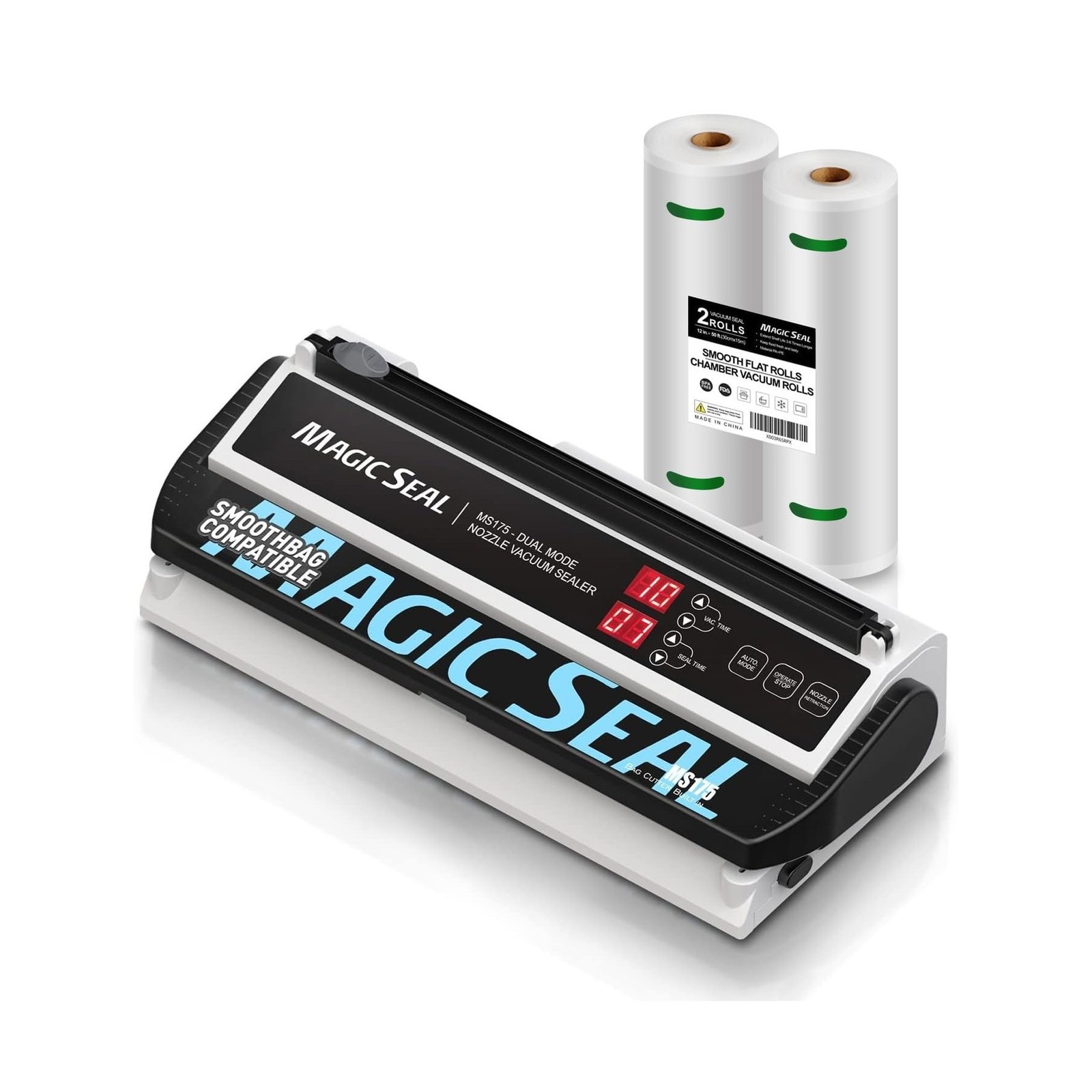 Magic Seal Vacuum Sealer + Smooth Flat bag Rolls (12''x50'-2 rolls)