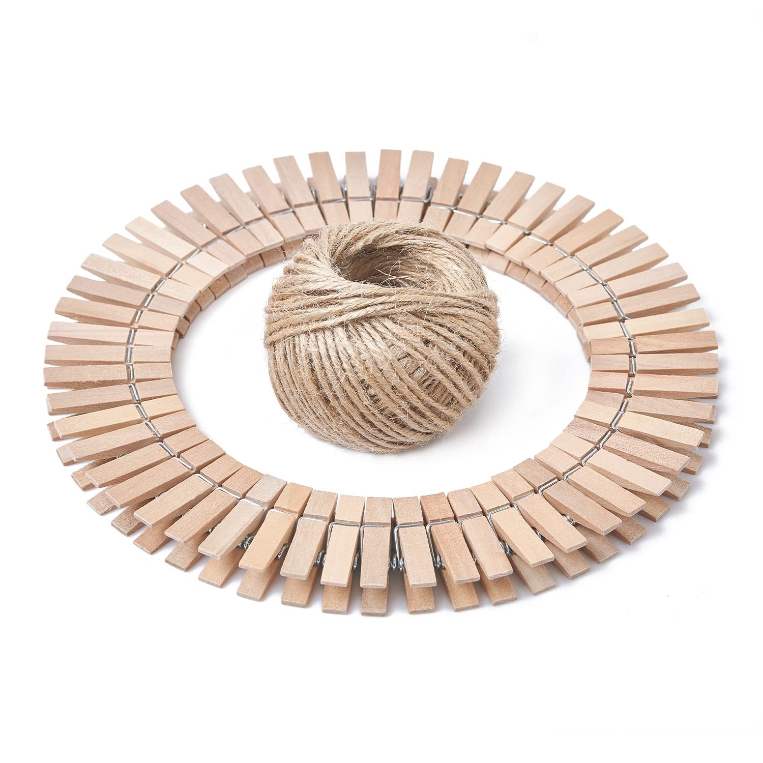 HSTECH 100 Pcs Mini Natural Wooden Clothespins and 82 Ft Jute Twine, Baby Clo...