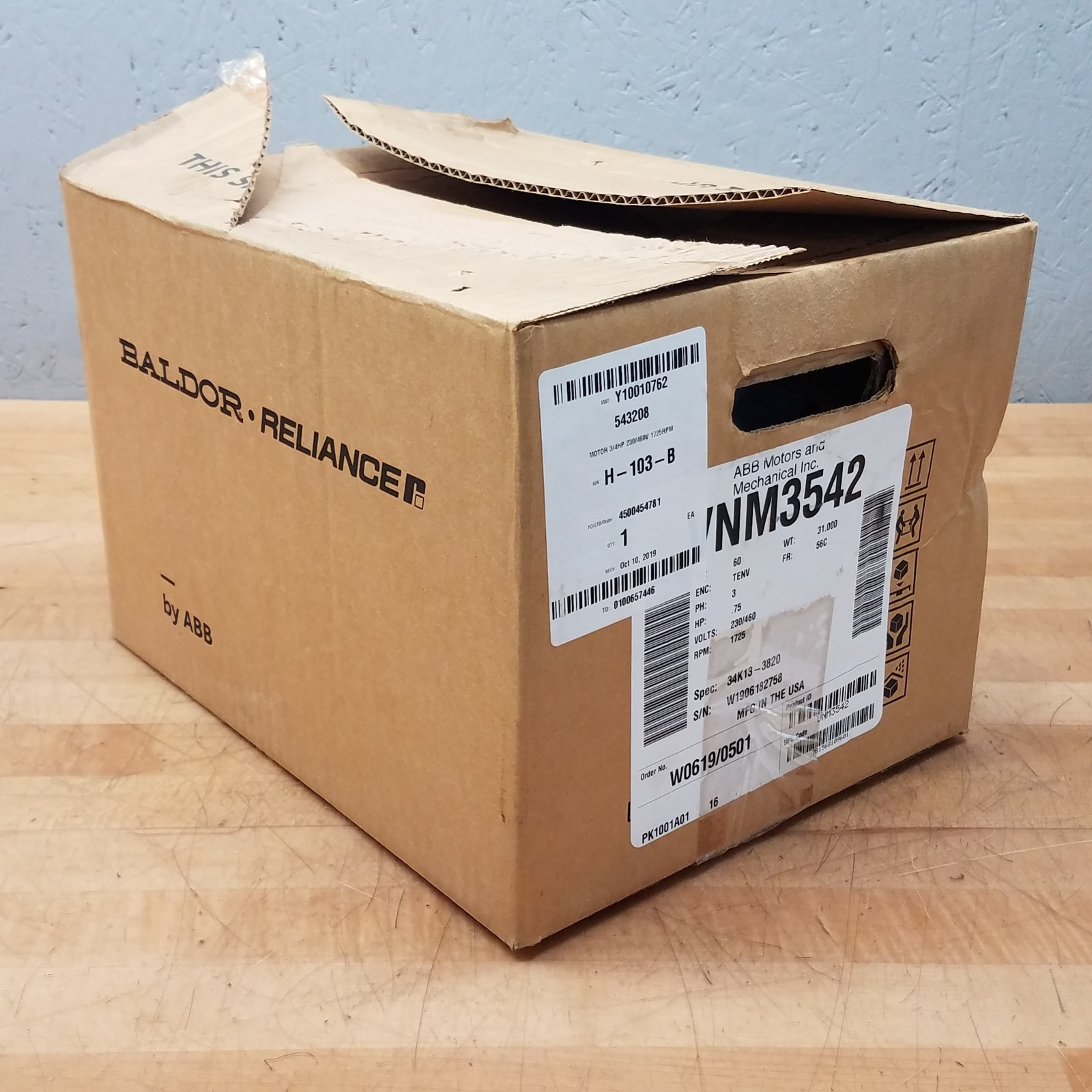 Baldor VNM3542 Spec 34K13-3820 Motor, 56C, 60Hz, .75HP, 3PH, 230/460V, 1725RPM