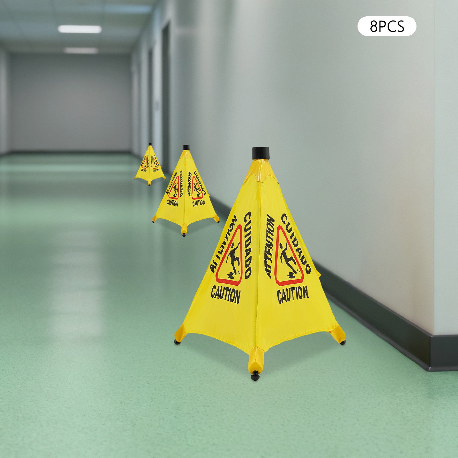 8Pcs Floor Safety Cone Yellow Caution Wet Floor Sign 3 Sided Wet Cone Sign NEW