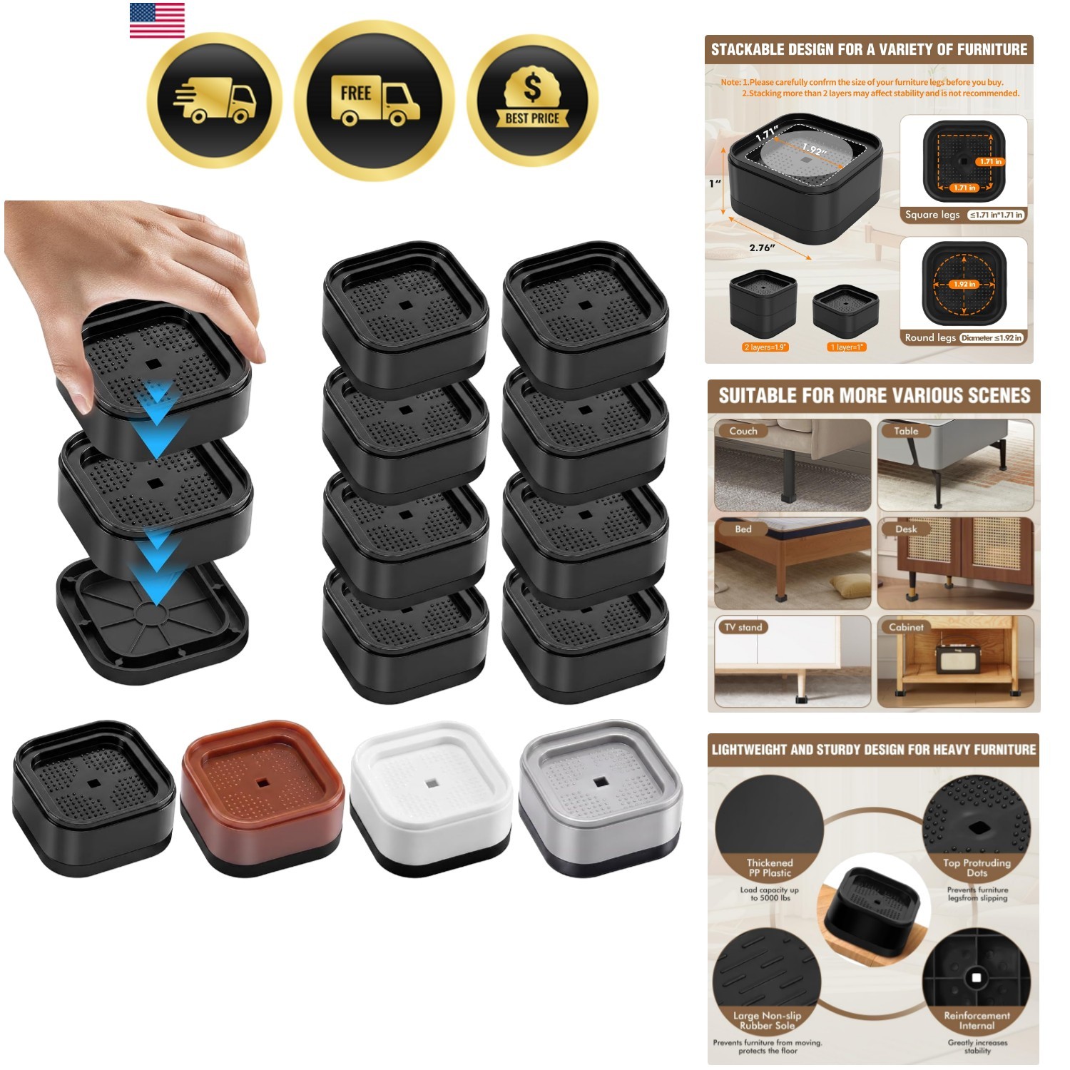 8 Pack Furniture Risers Adjustable Bed Risers Heavy Duty Lifts Height 1 or 2 ...
