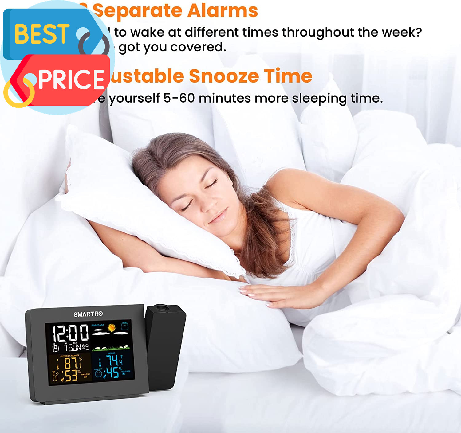 SC91 Projection Alarm Clock for Bedrooms with Weather Station, Wireless Indoor O