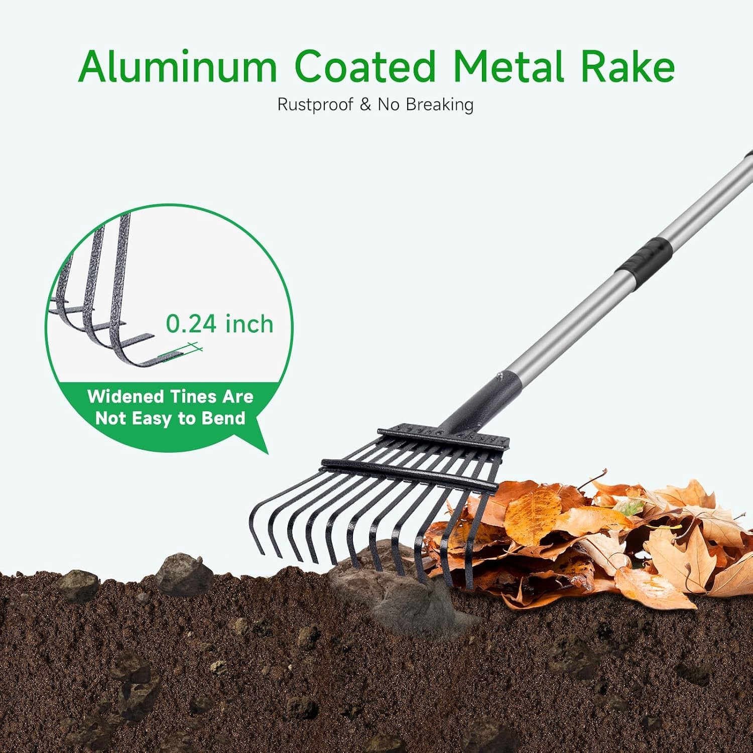 Adjustable Leaf Rake 8" Metal Garden Rake 29"-72" Extendable Handle