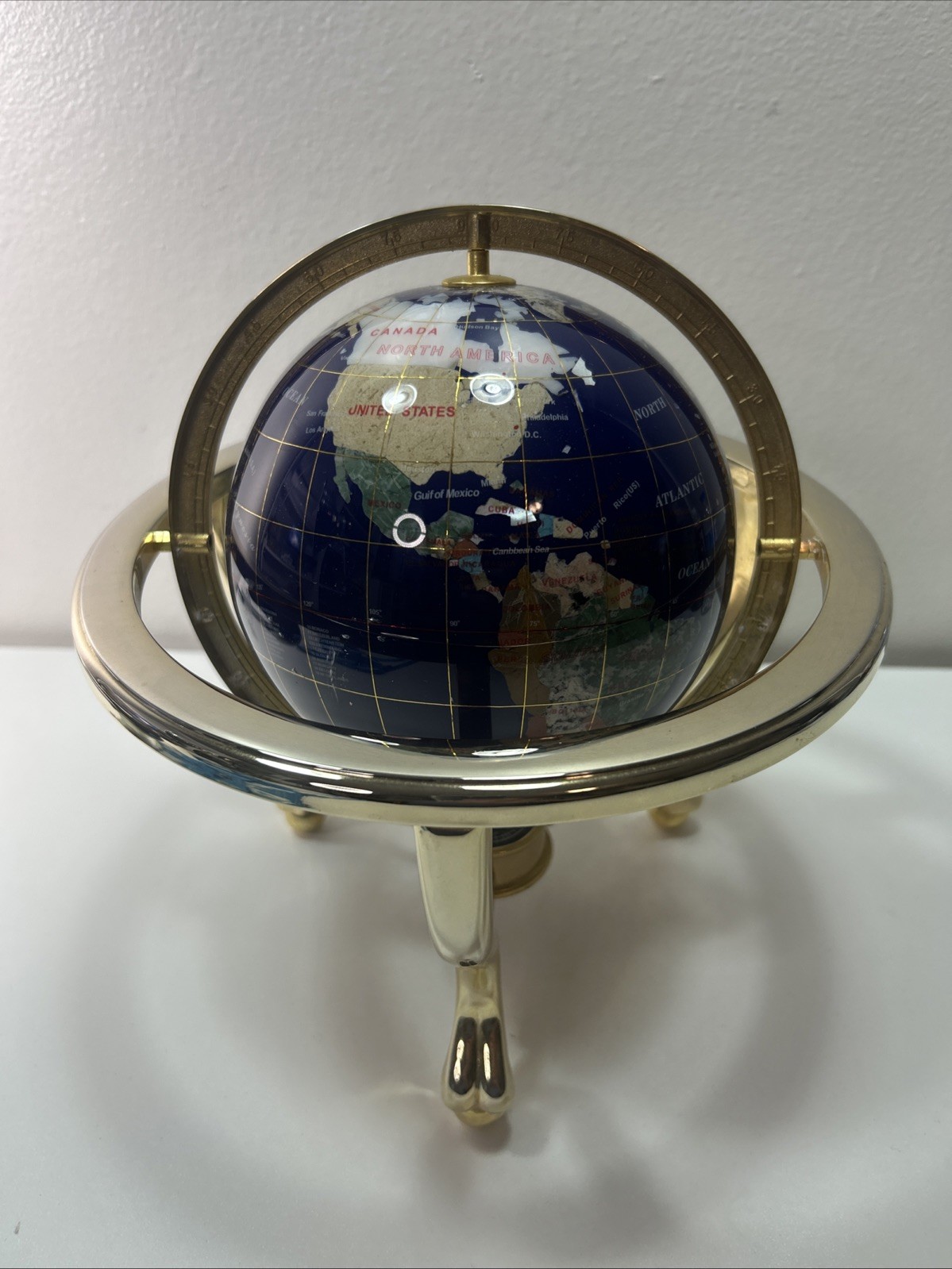 Globe Blue Ocean Gold Tone 3 Leg Table Stand Gen MOP World Map GEM STONE