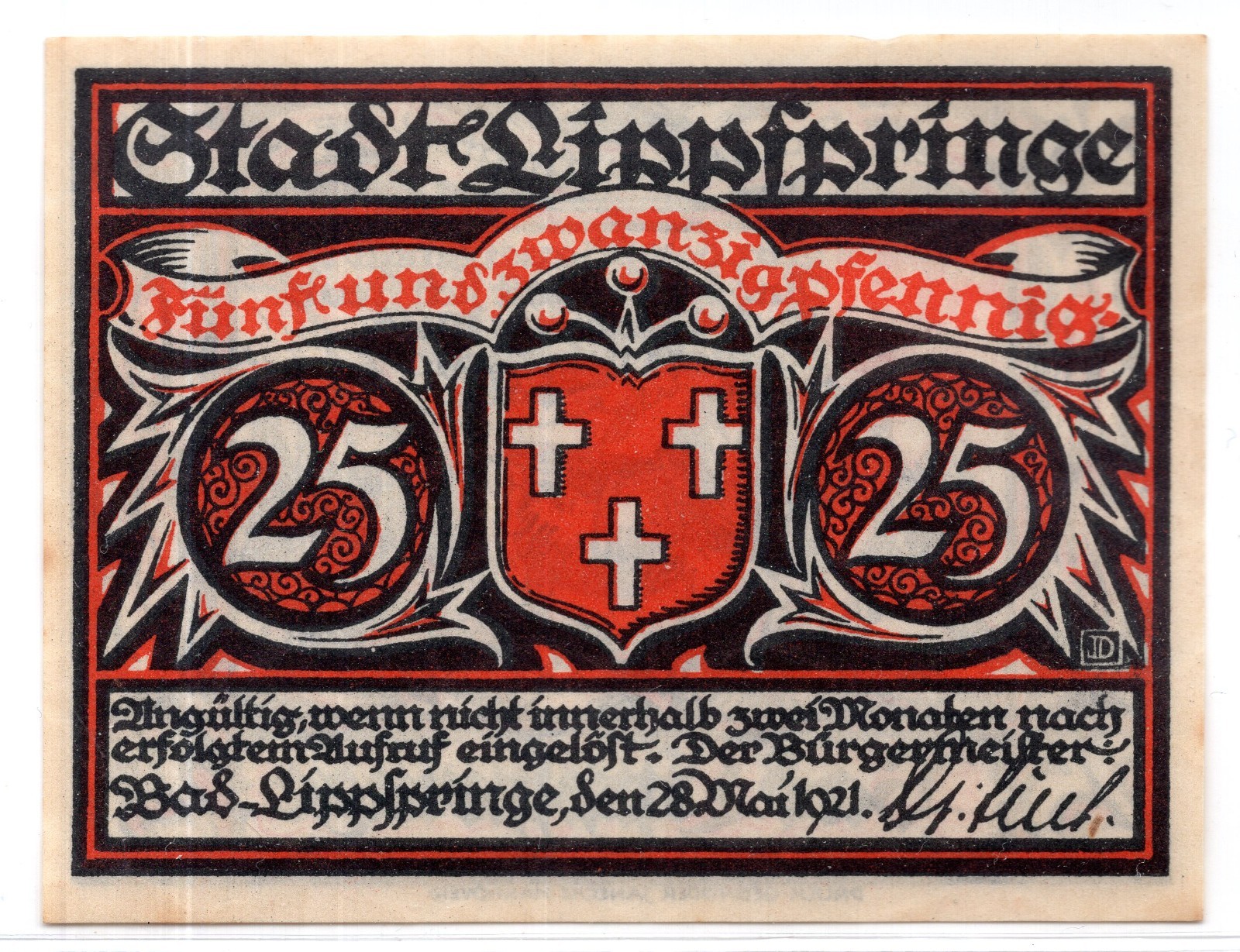 1921 Germany Bad Lippspringe Notgeld 25 Pfennig Note (1896)