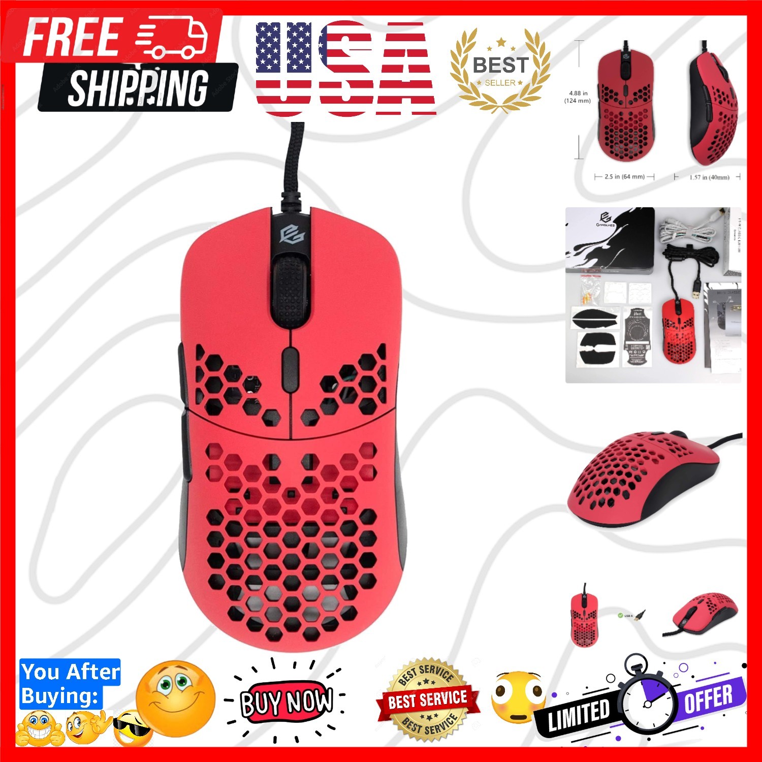 Hati HTM/HT-M Medium 56g Ultra Lightweight Honeycomb Wired Gaming Mouse, PixA...
