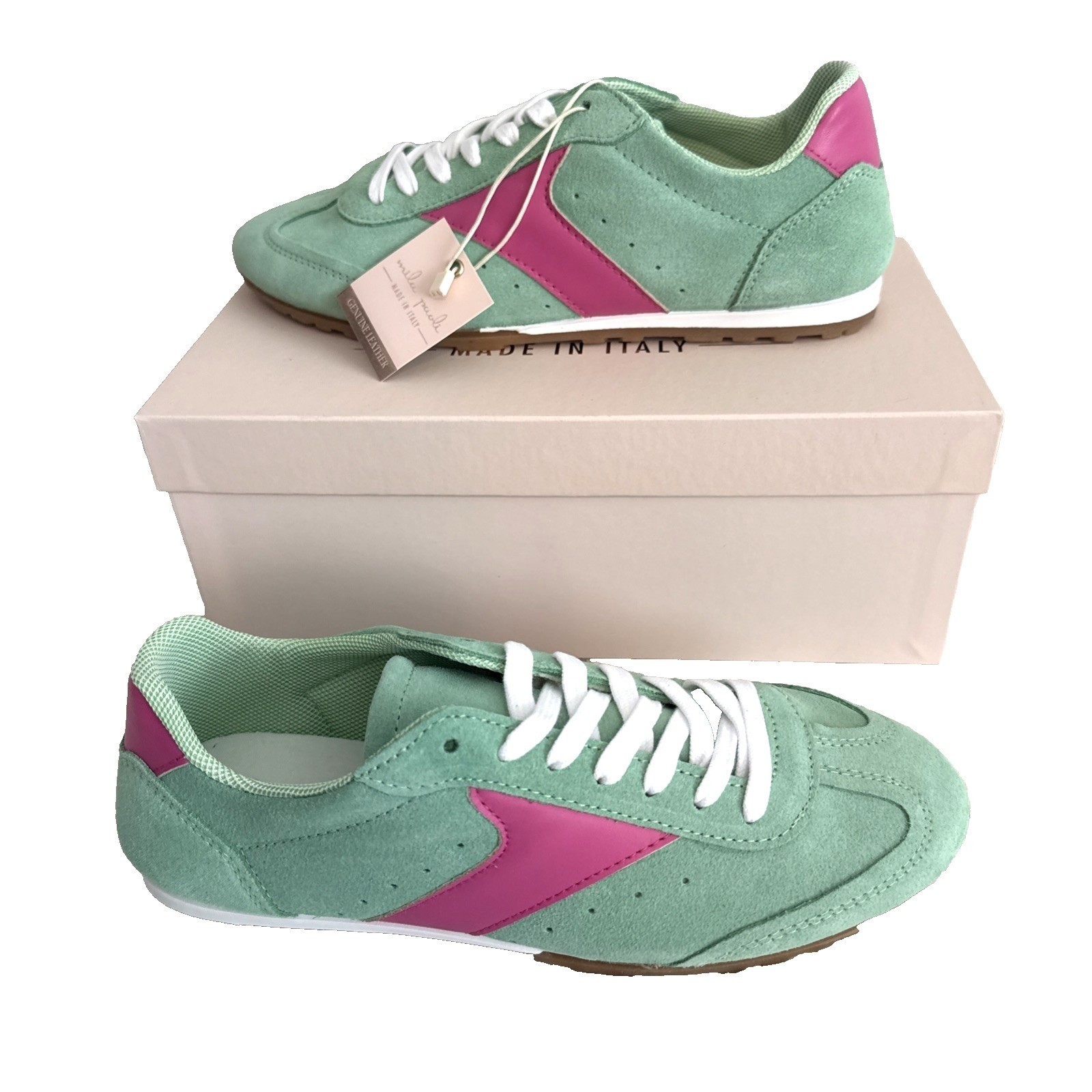 NIB Mila Paoli Mint Green Suede Pink Leather Sneakers 8 Casual Luxury Lifestyle
