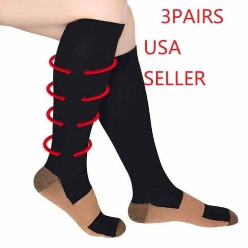 Copper 3 Pairs Compression Socks Running 30 - 40 mmHG Foot Pain Relief S/2XL