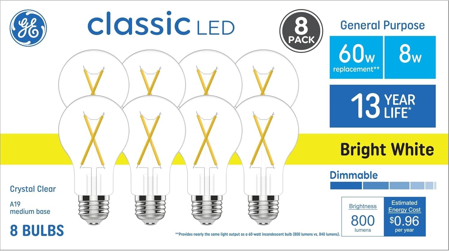 GE Classic LED 60-Watt Dimmable Bright White A19 Glass Light Bulbs 800lm~8-Pack