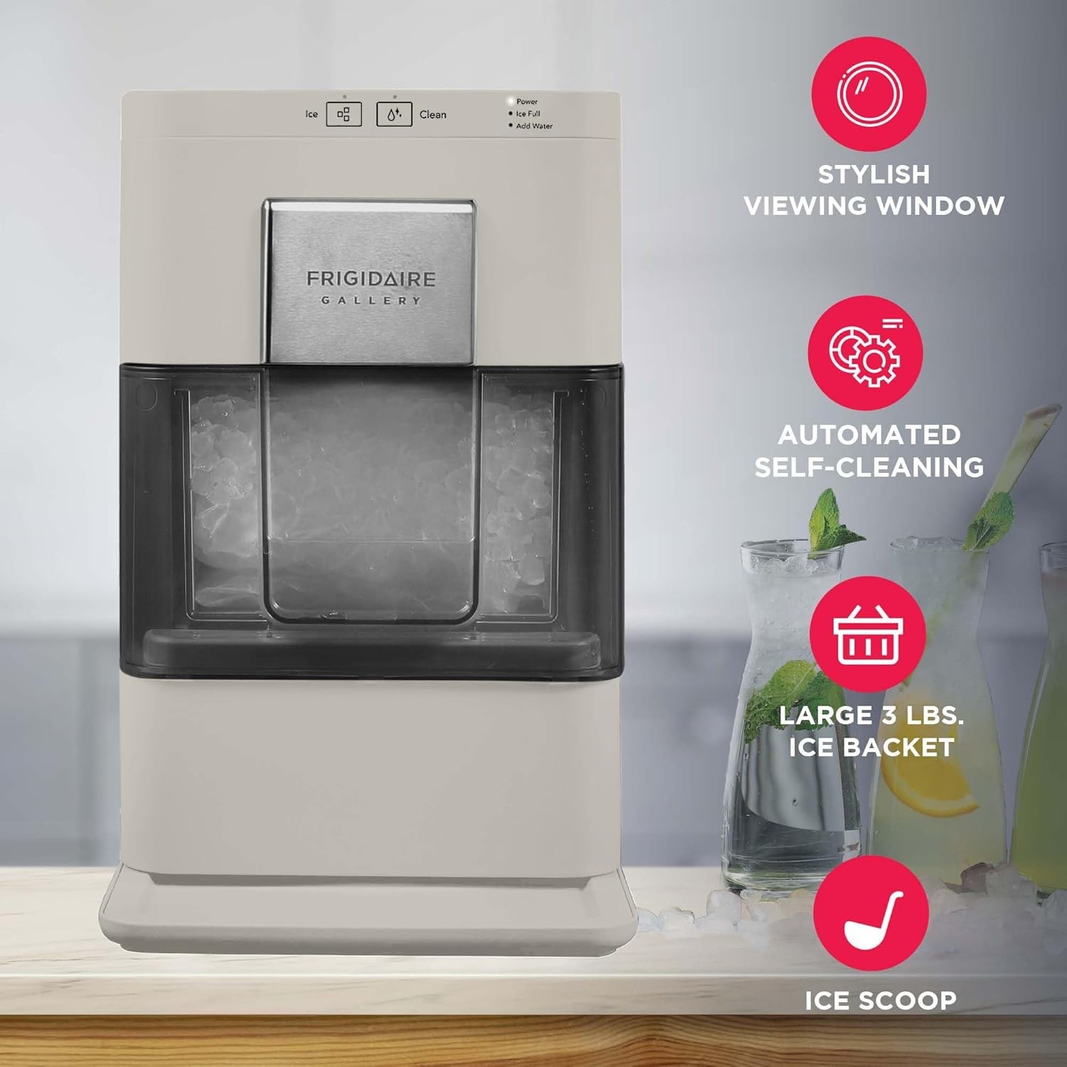 Frigidaire Nugget Ice Maker Countertop Ice Machine-Transparent Window, Sonic