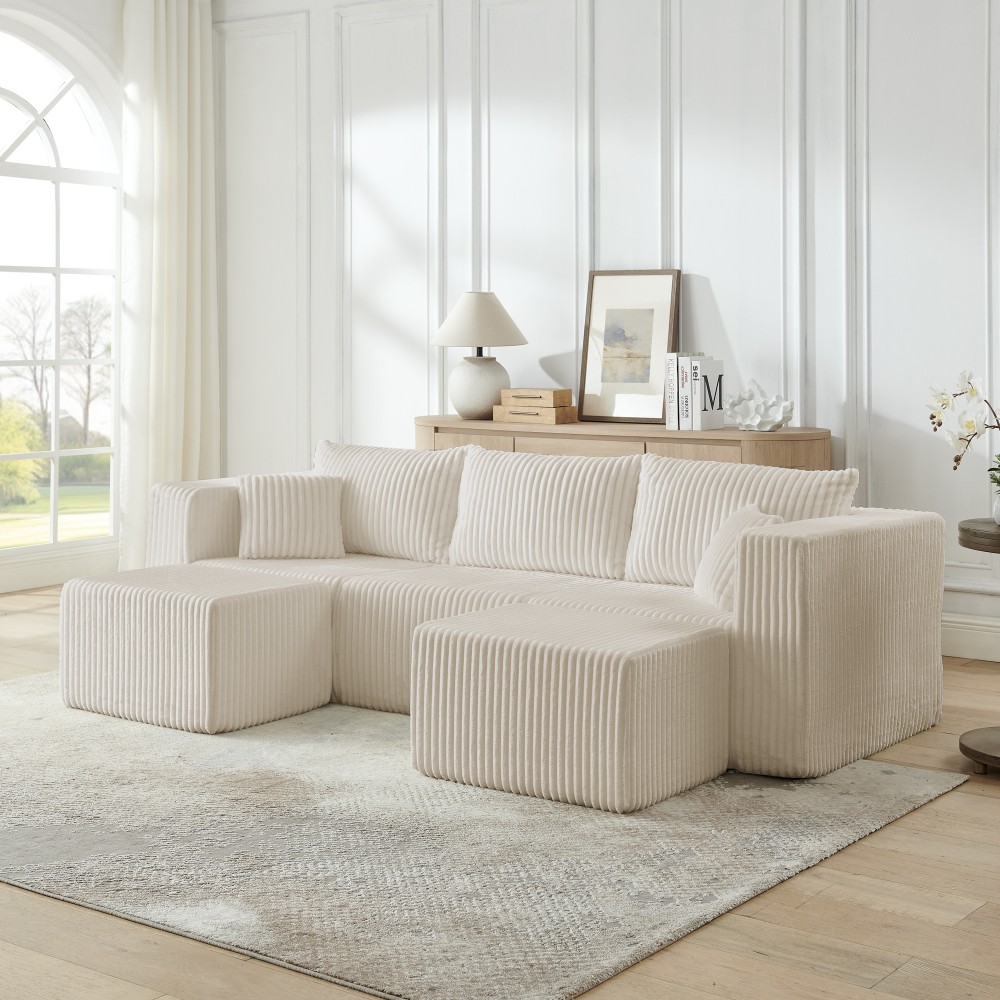 Minimalist Modular Sectional Sofa, Beige Corduroy, No Assembly, Free Ship