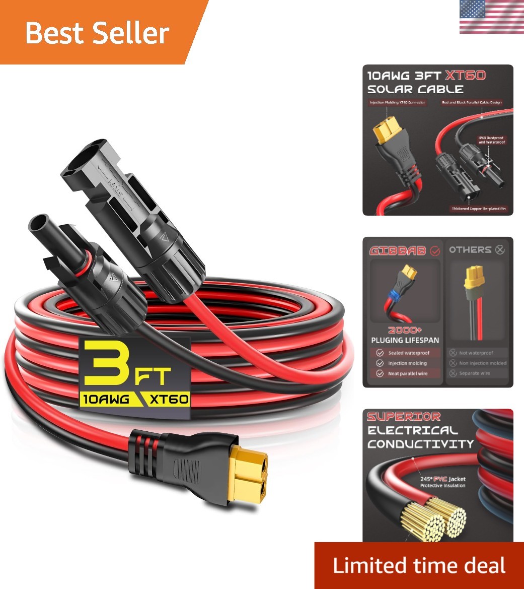 Durable 3FT 10AWG XT60 Solar Panel Extension Cable - Fast Charge & Waterproof