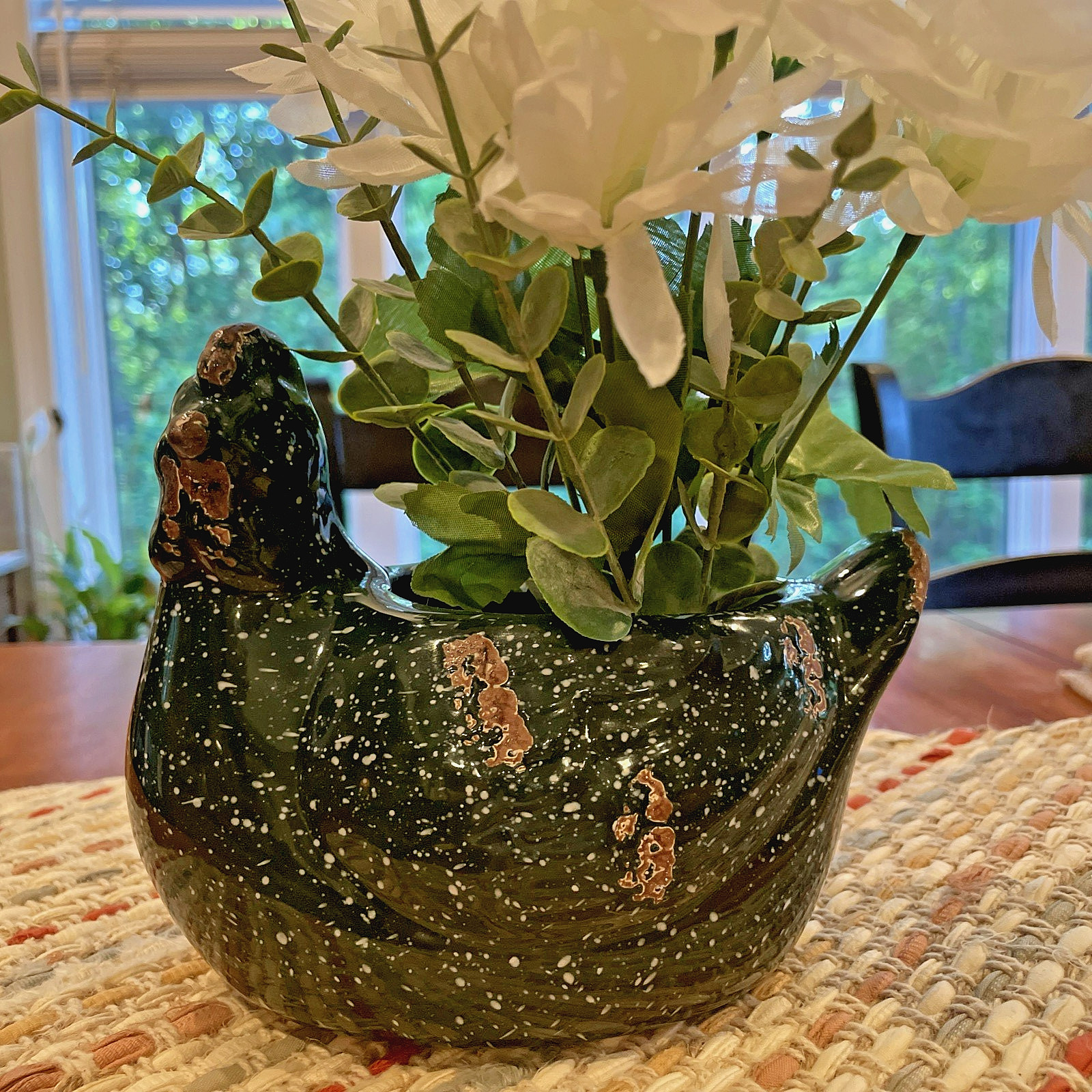 Handcrafted Speckled Dark Green Hen Planter/Utensil Holder ~Farmhouse ~ Rustic