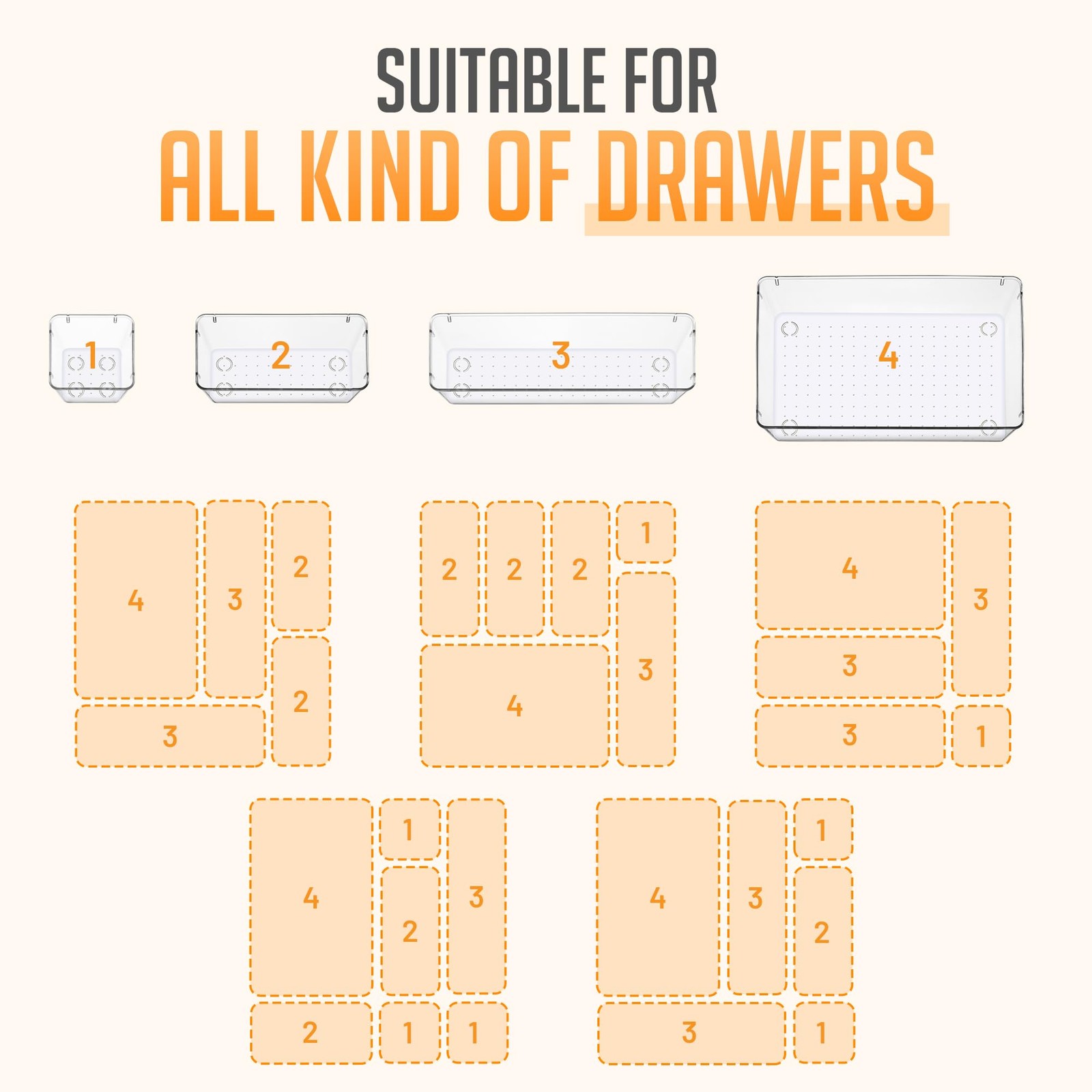 Clear Drawer Organizers Set 25 PCS – Plastic Storage Bins for Desk, Kitchen, ...