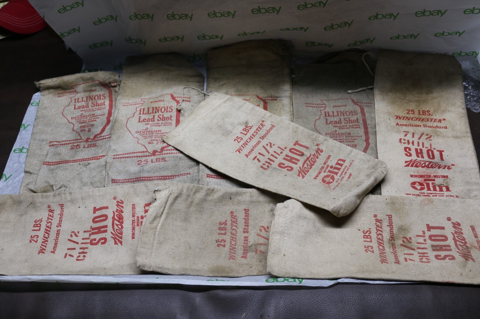 (4) Vintage Illinois Lead Shot & (5) Winchester chill shot Western 25lbs bags