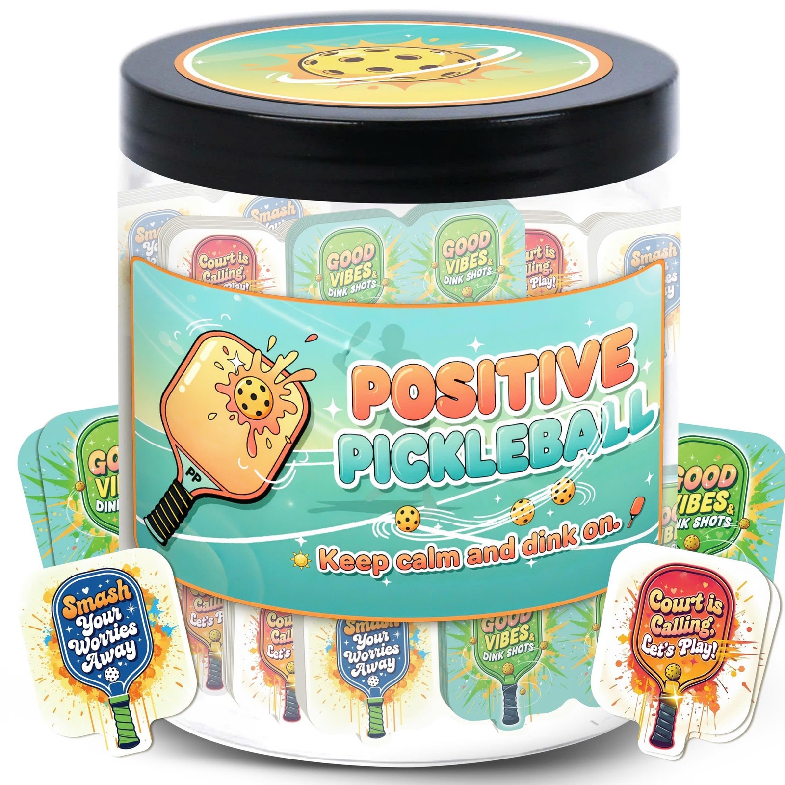 Positive Pickleball Jar With 60 Affirmation Cards, 8 Ounces, Ab.