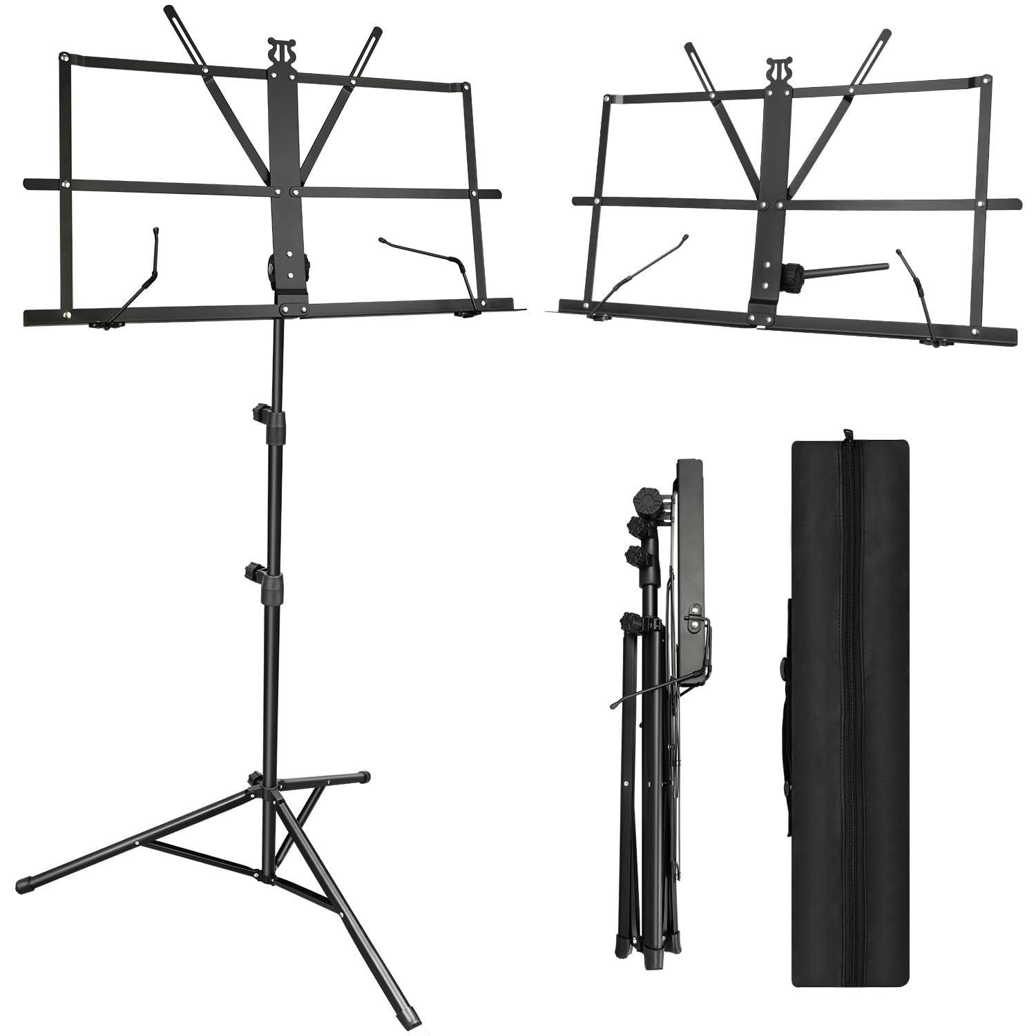 Adjustable Music Stand with Tripod Base and Carrying Bag - Black Metal
