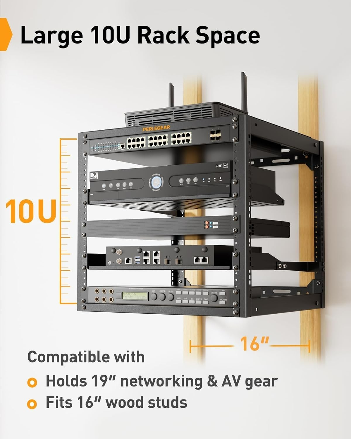 Perlegear 10U Open Frame Server Rack 19" Wall Mount AV NetworkEnclosure #2572EY2