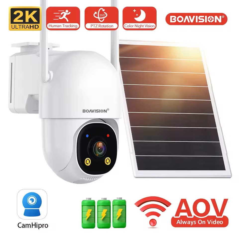 WiFi AOV Security Camera Wireless Outdoor with 8W Solar Panel, 24/7 Recording
