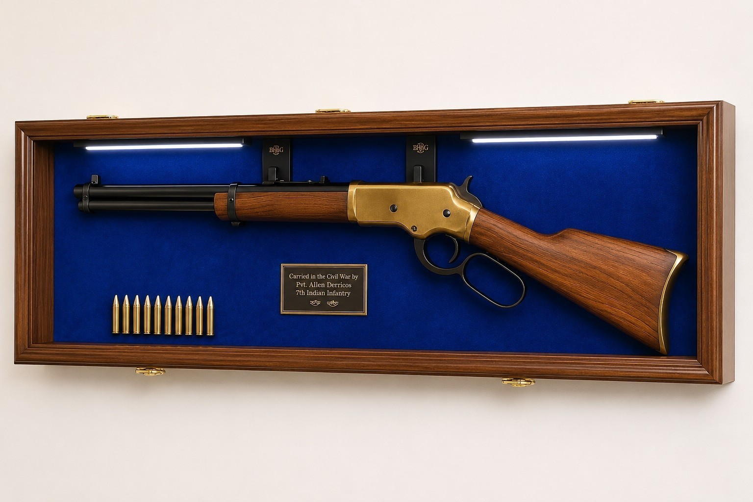 Gun Display Case Rifle LED Light Walnut Blue Wood Shotgun Shadow Box 44" Cabinet