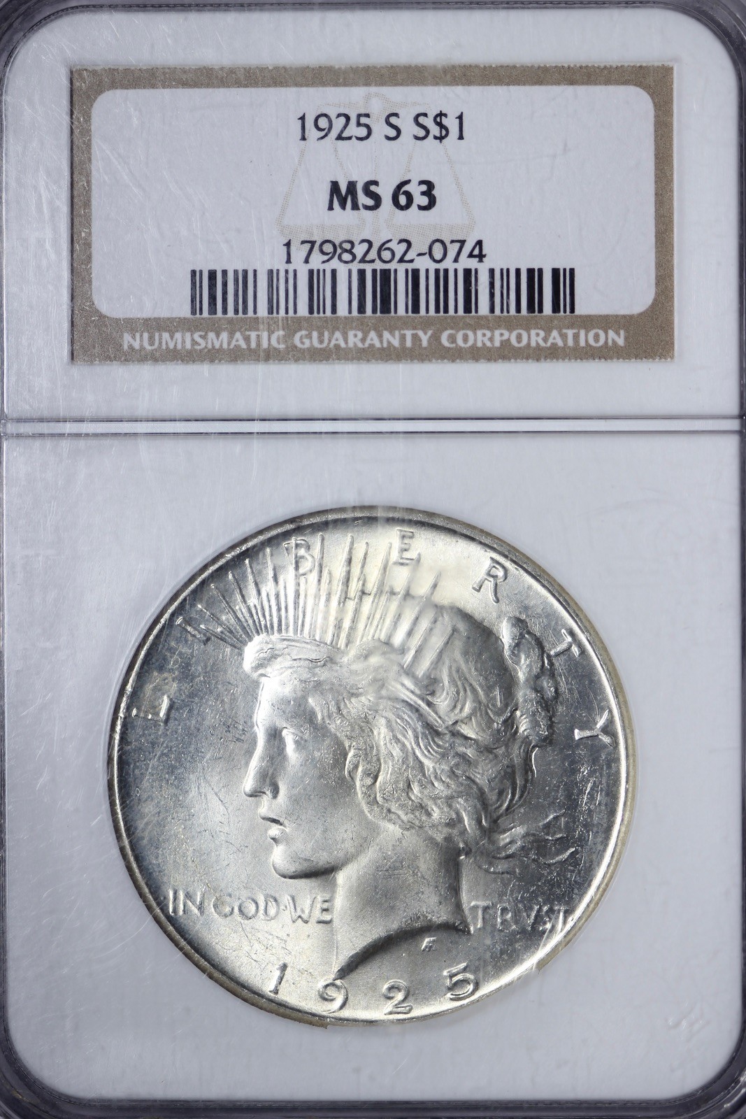 BU 1925-S Peace Silver Dollar NGC MS63 WQNBL