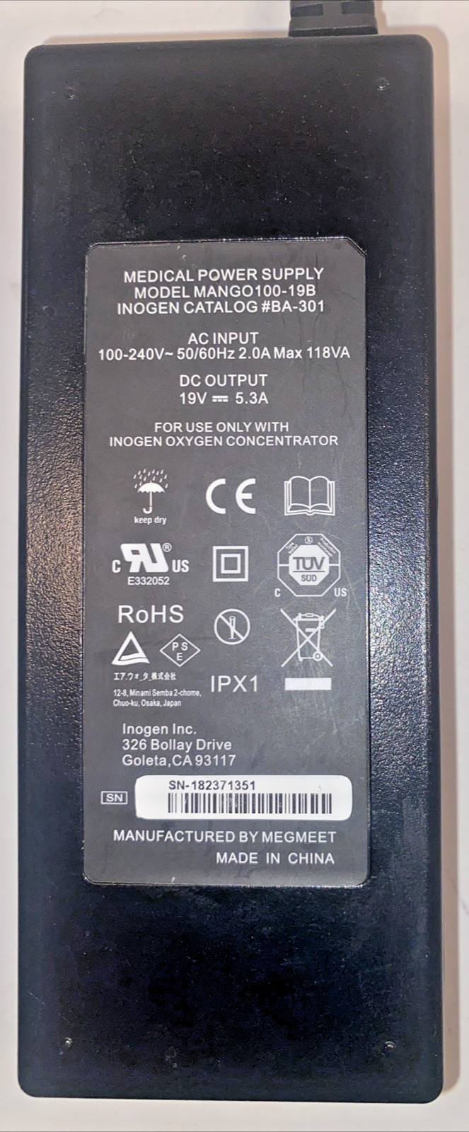 Inogen Power Supply Model BA-301 w/Power Cord. Tested, a Quality OEM Item.