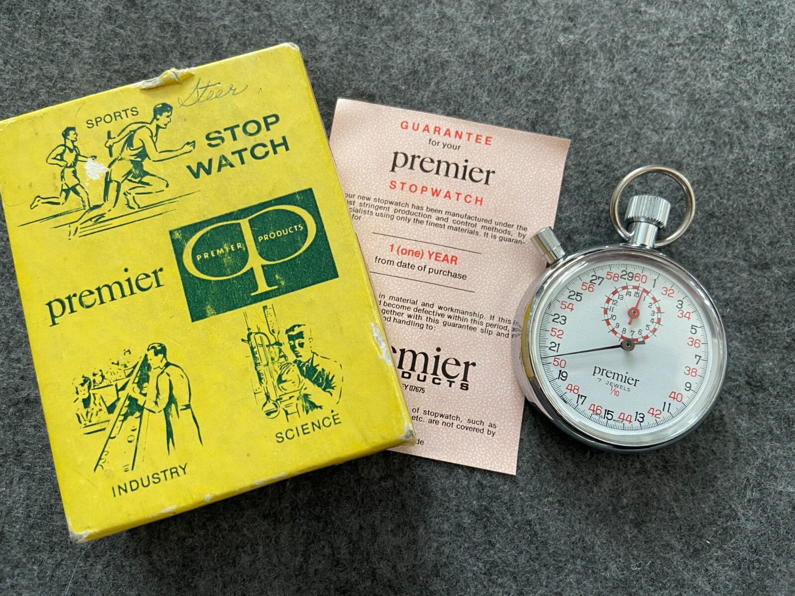 Swiss Made Premier 7 Jewels 1/10 Mechanical Wind Up Vintage Stop Watch with Box
