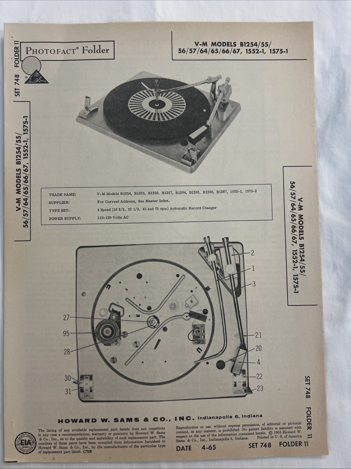 Vintage Sams Photofact Schematic 4-1965 V-M MODELS B1254/55/56/57/64/65/66/67,