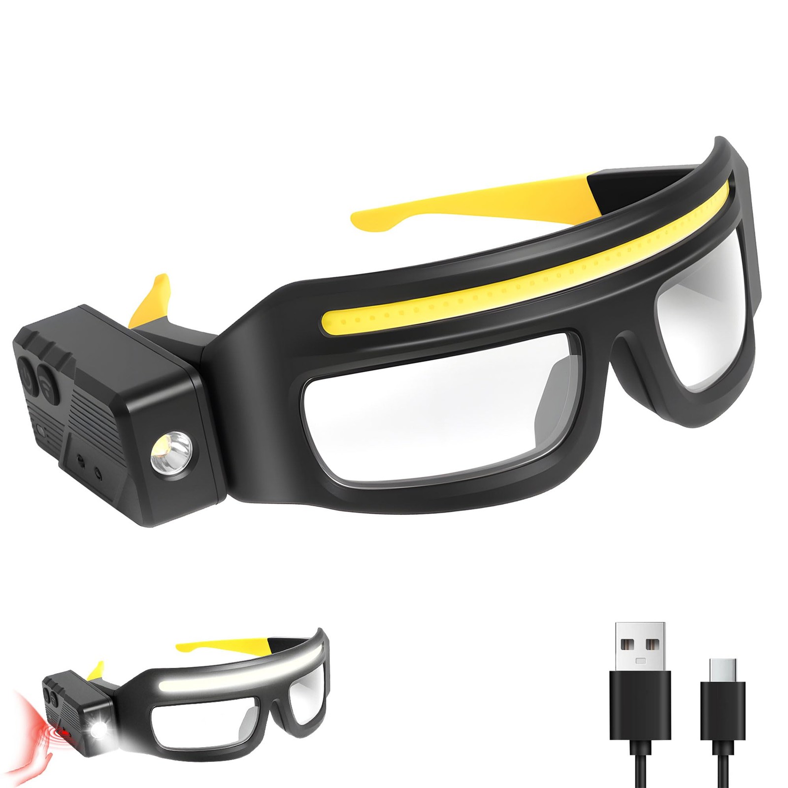 JORMIX LED Rechargeable Headlight Glasses with Motion One Size, Black+yellow