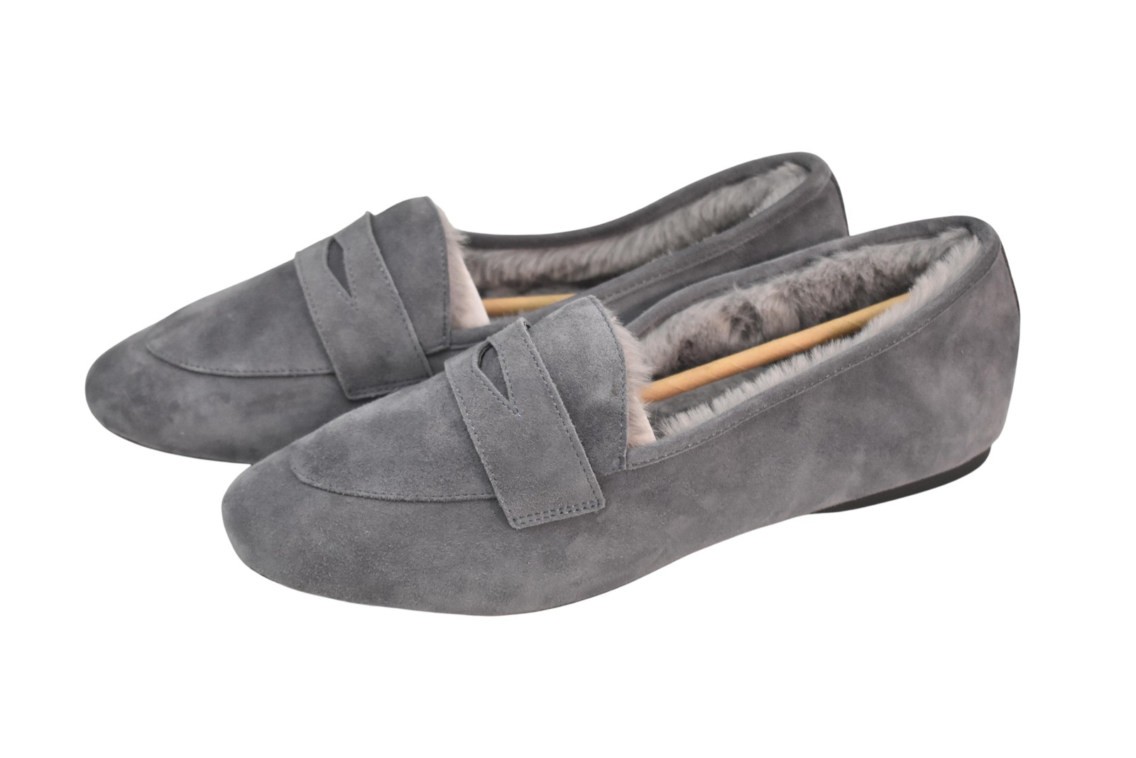 Birdies Loafer Shoes Womens Size 9 Gray Leather Faux Fur Slippers Lined Cozy