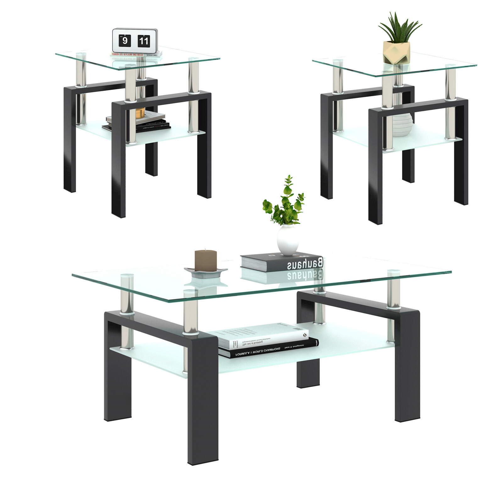 Modern Tempered Glass Set of 2 Coffee Table Tea Table Square Table End Table