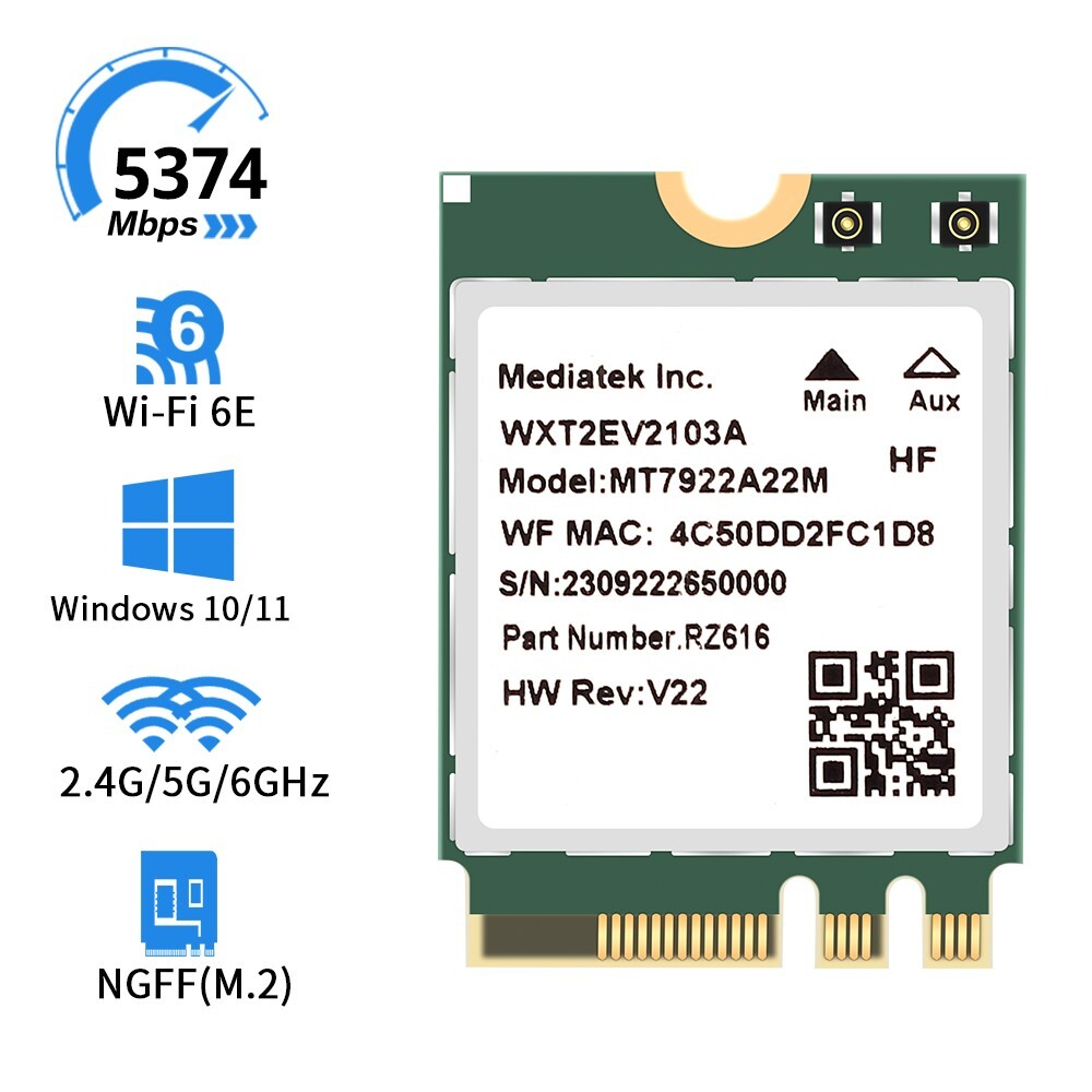 WiFi 6E MT7922A22M RZ616 M.2 2230 Card Tri-Band 5374Mbps Bluetooth Wireless Card