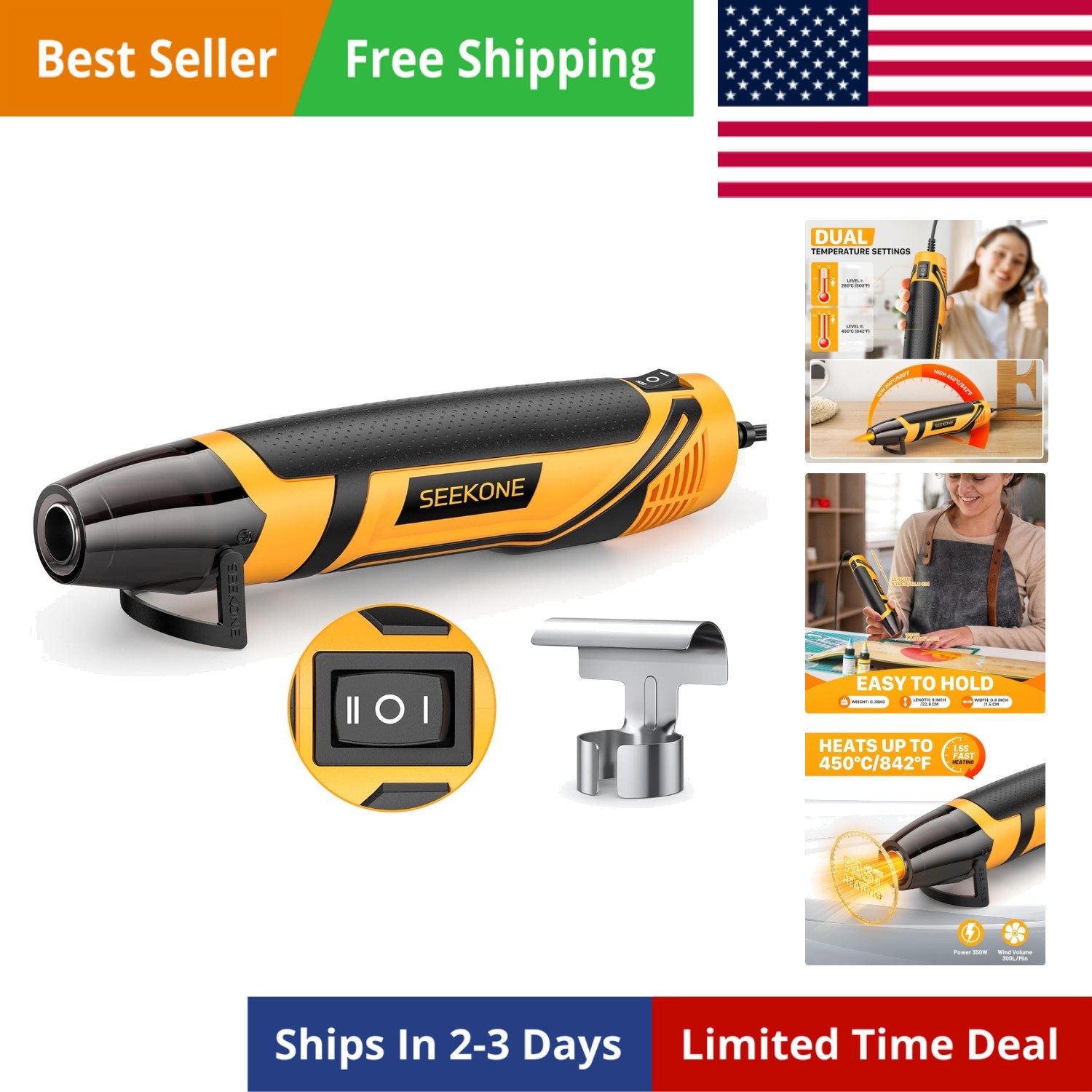 Mini Heat Gun, 350W 2-Temp Settings 500℉ & 842℉（260℃& 450℃） Fast Heat Hot Air...