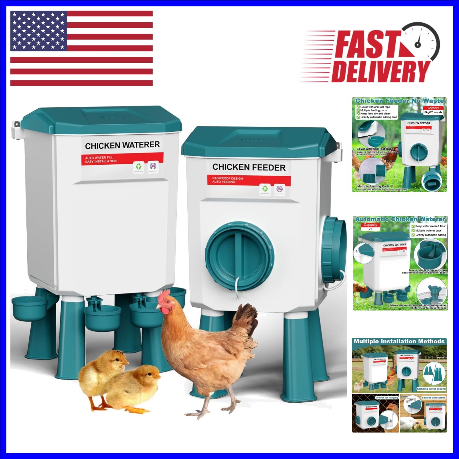 Automatic Gravity-Fed Chicken Feeder & Waterer - Perfect for Ducks & Quails