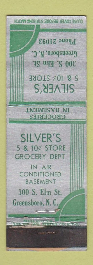 Matchbook Cover - Silver's 5 and 10 Store Greensboro NC
