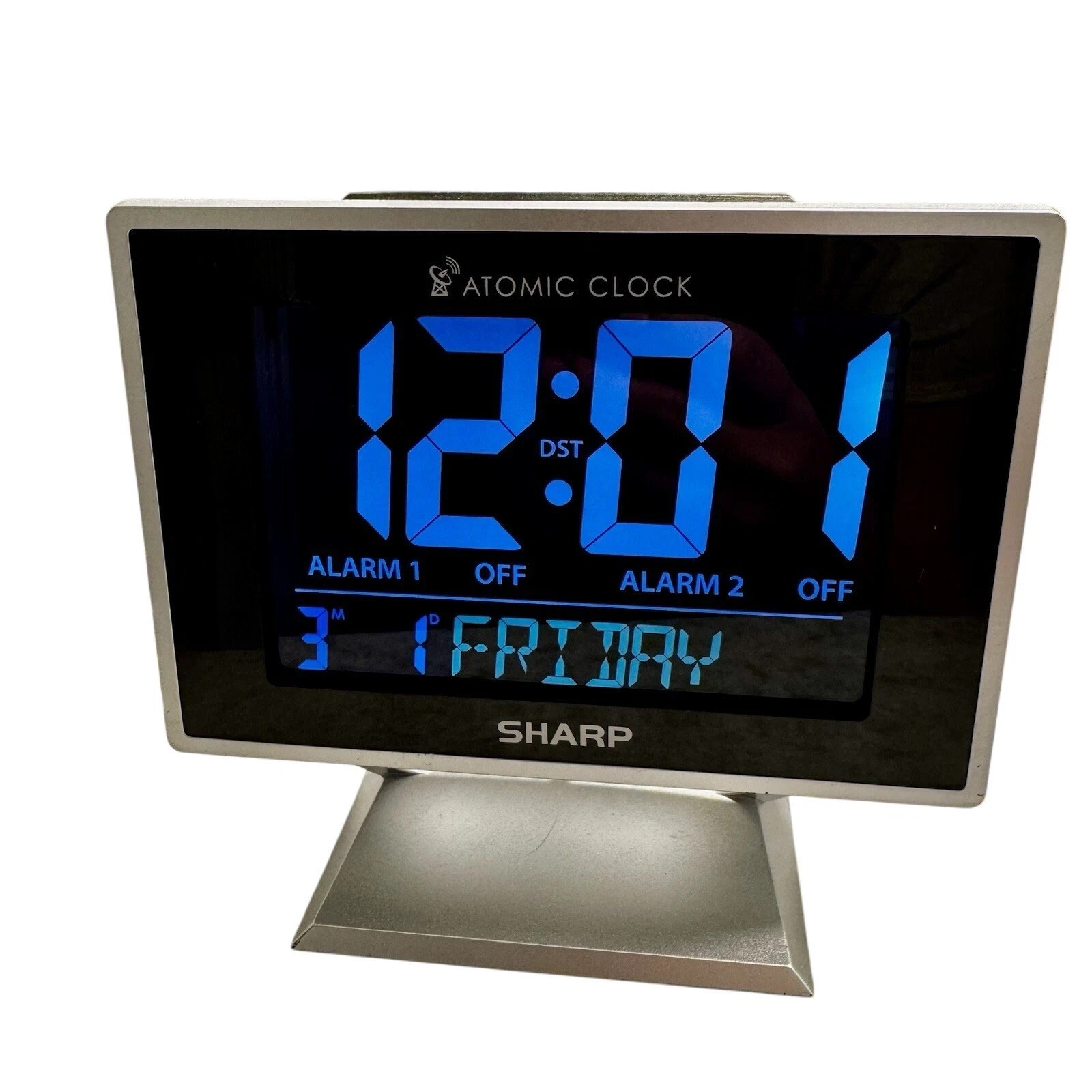 Sharp Desktop Dual Alarm Clock with Color Display - Atomic Accuracy - Silver
