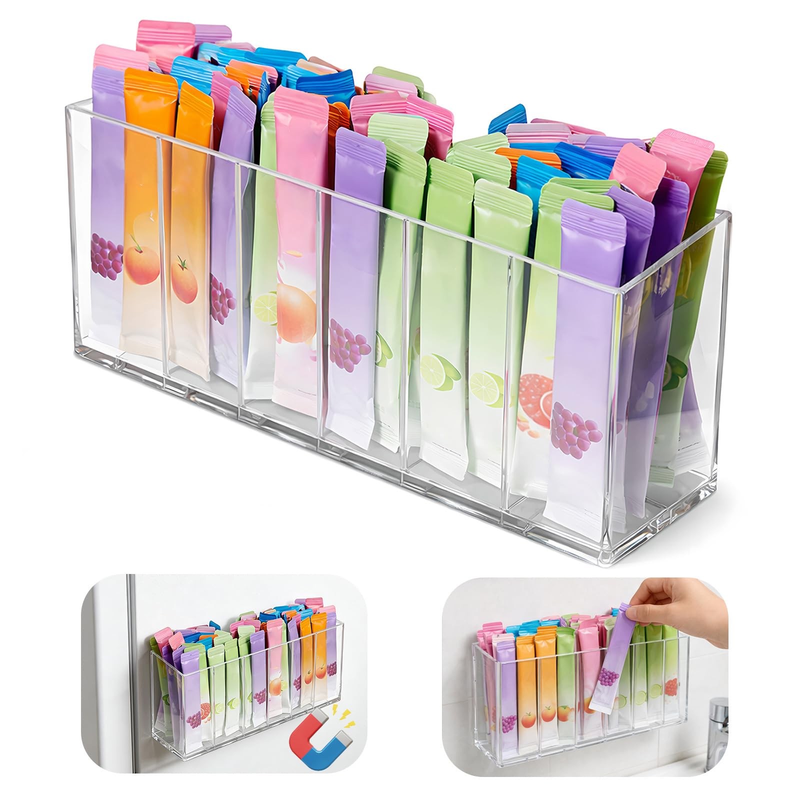 Drink Packet Organizer with Removable Divider & 6 Compartment, Mounted Water ...