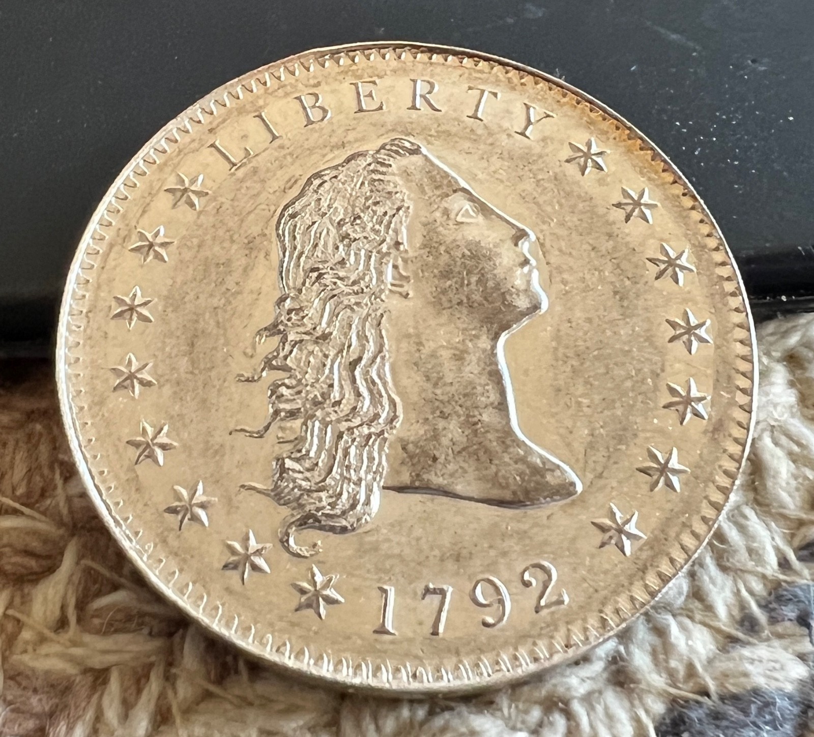 1792 Flowing Hair Dollar Antiqued Finish Overstrike on Silver Eagle Dan Carr /2