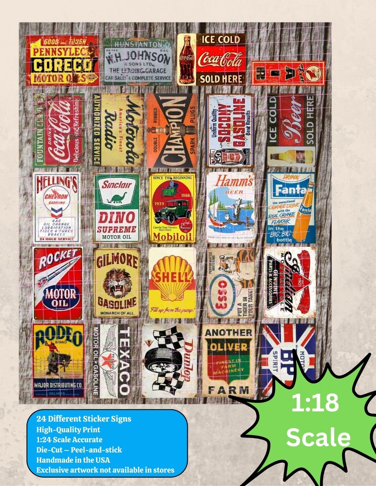 1:18 Scale Vintage Gas Station Shop Stickers Diorama Vinyl Set of 24 Series 3