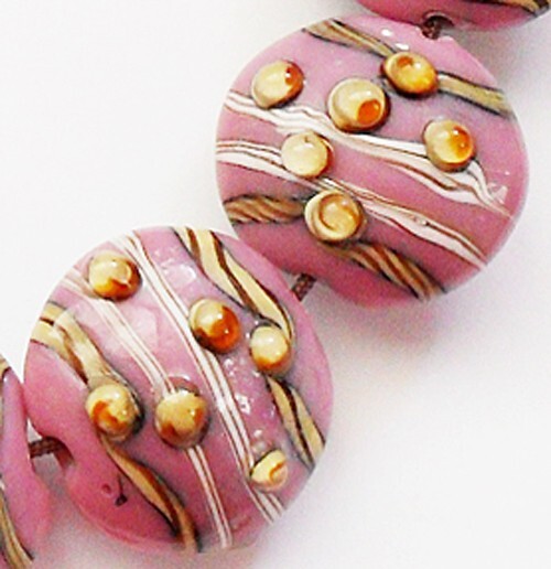 4 Handmade Lampwork Glass Lentil Beads Pink Color 15 mm 4 Beads (#a9s)