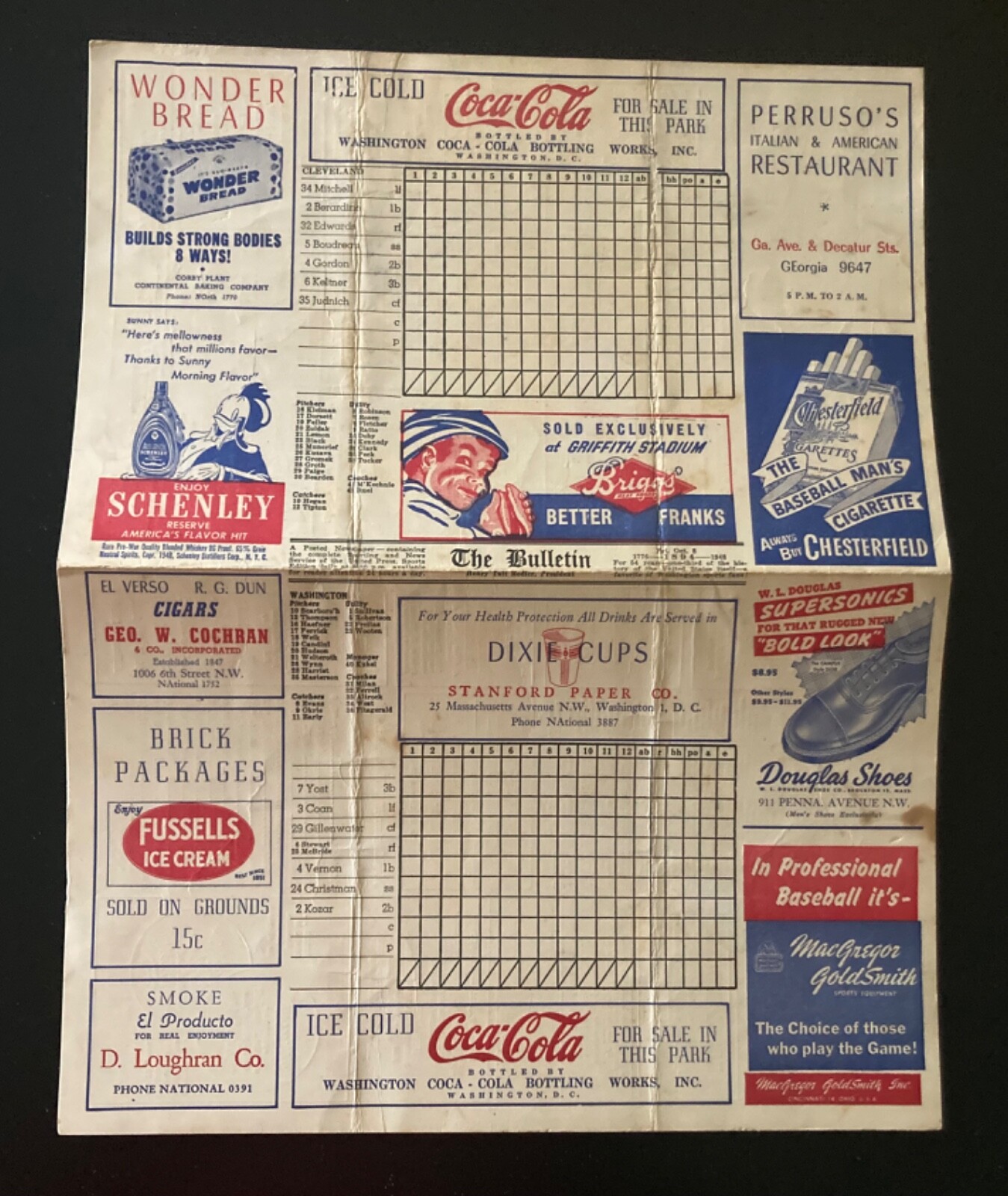 1948 Washington Senators Scorecard vs. Cleveland