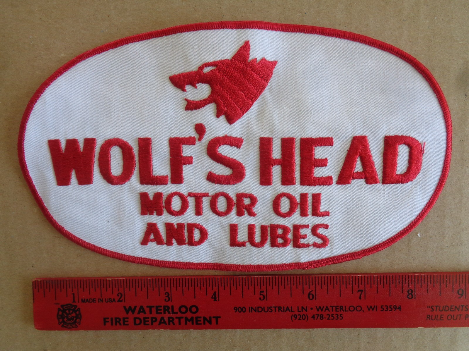 WOLF'S HEAD OIL UNIFORM PATCH - LARGE 9 x 5 NEW VINTAGE - ORIGINAL - GAS