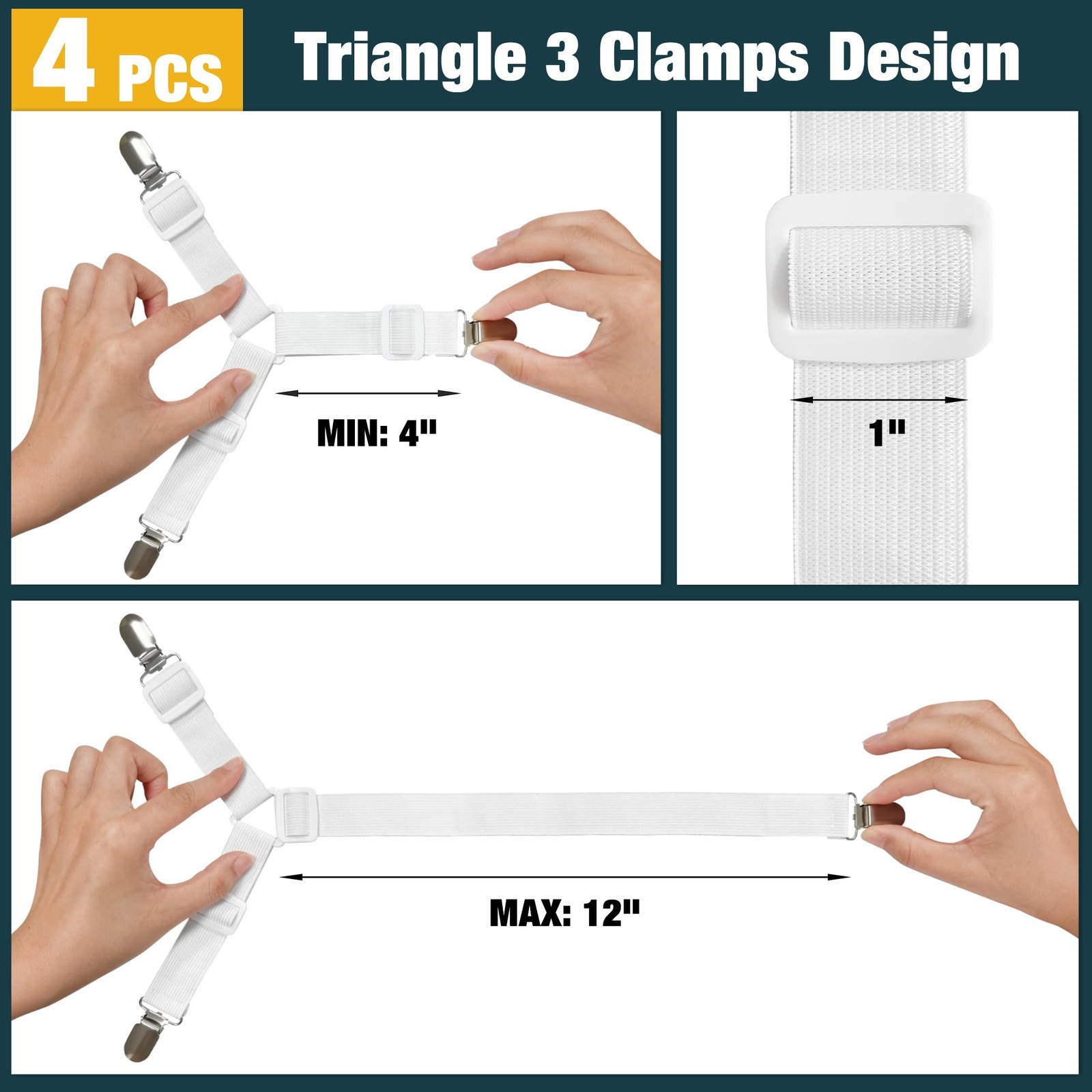 Whispering Wonder 4 Pack Adjustable Elastic Straps Metal Clips Bed Sheet