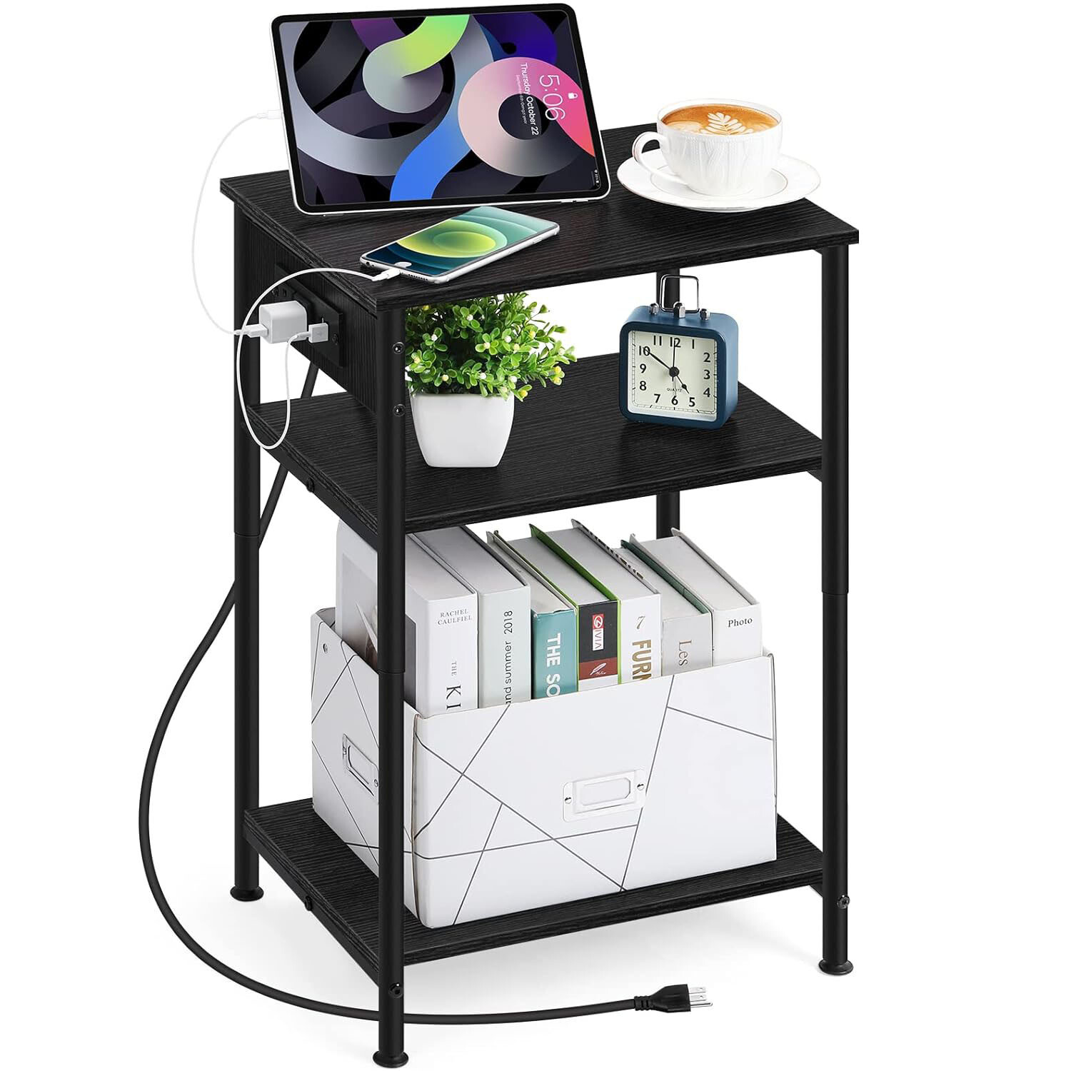 Black Nightstand End Table w/Charging Station, Shelf for Living Room, Bedroom