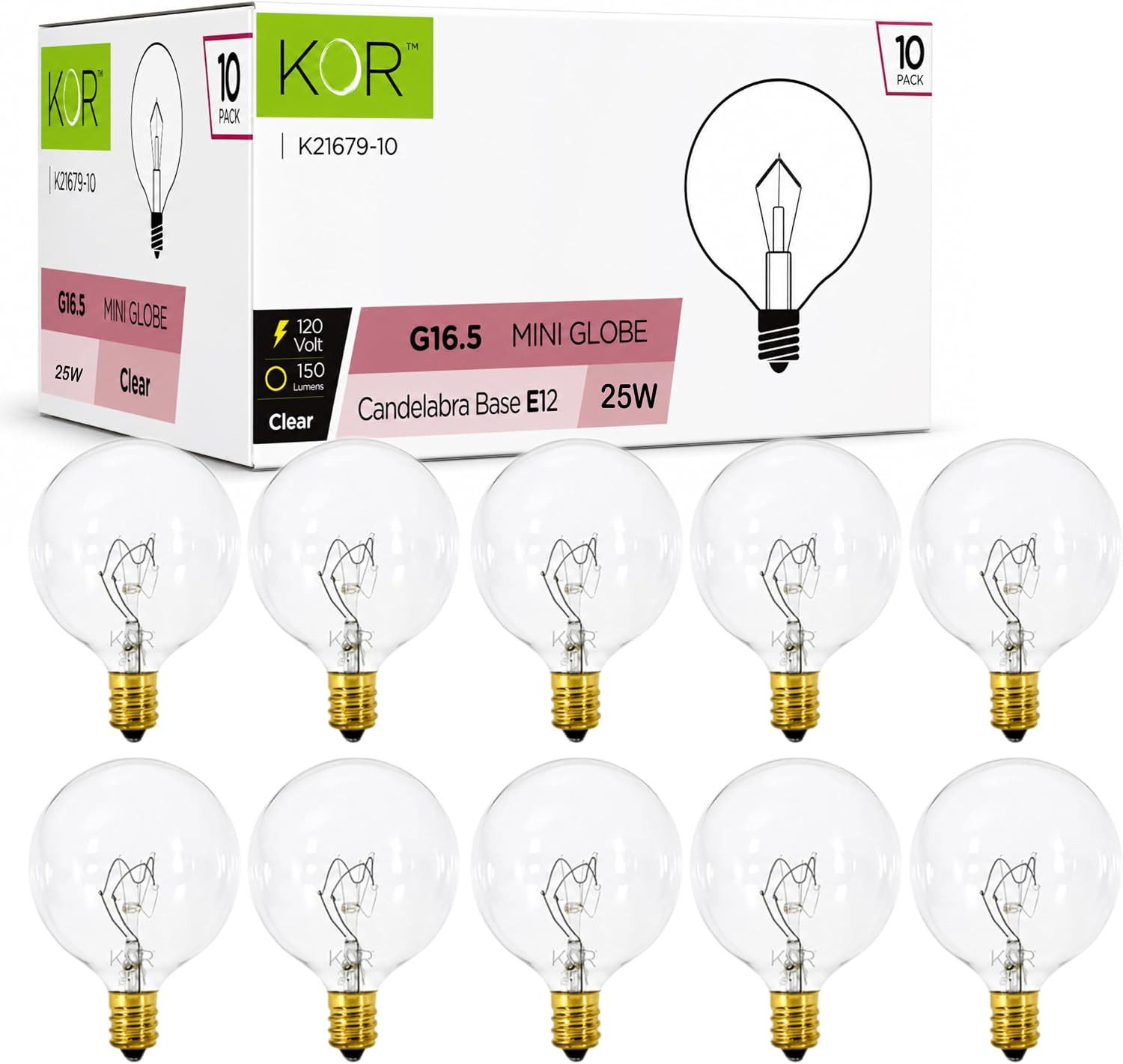 KOR (Pack of 10 G16.5 Clear Finish, Decorative (E12) Candelabra Base Globe Shape