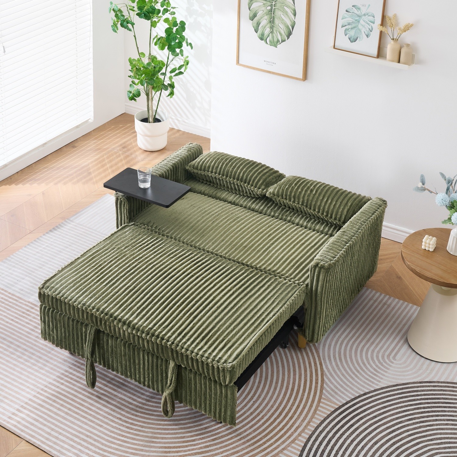Convertible Sleeper Sofa Bed Loveseat Sofa with Pull Out Bed & USB Ports Green