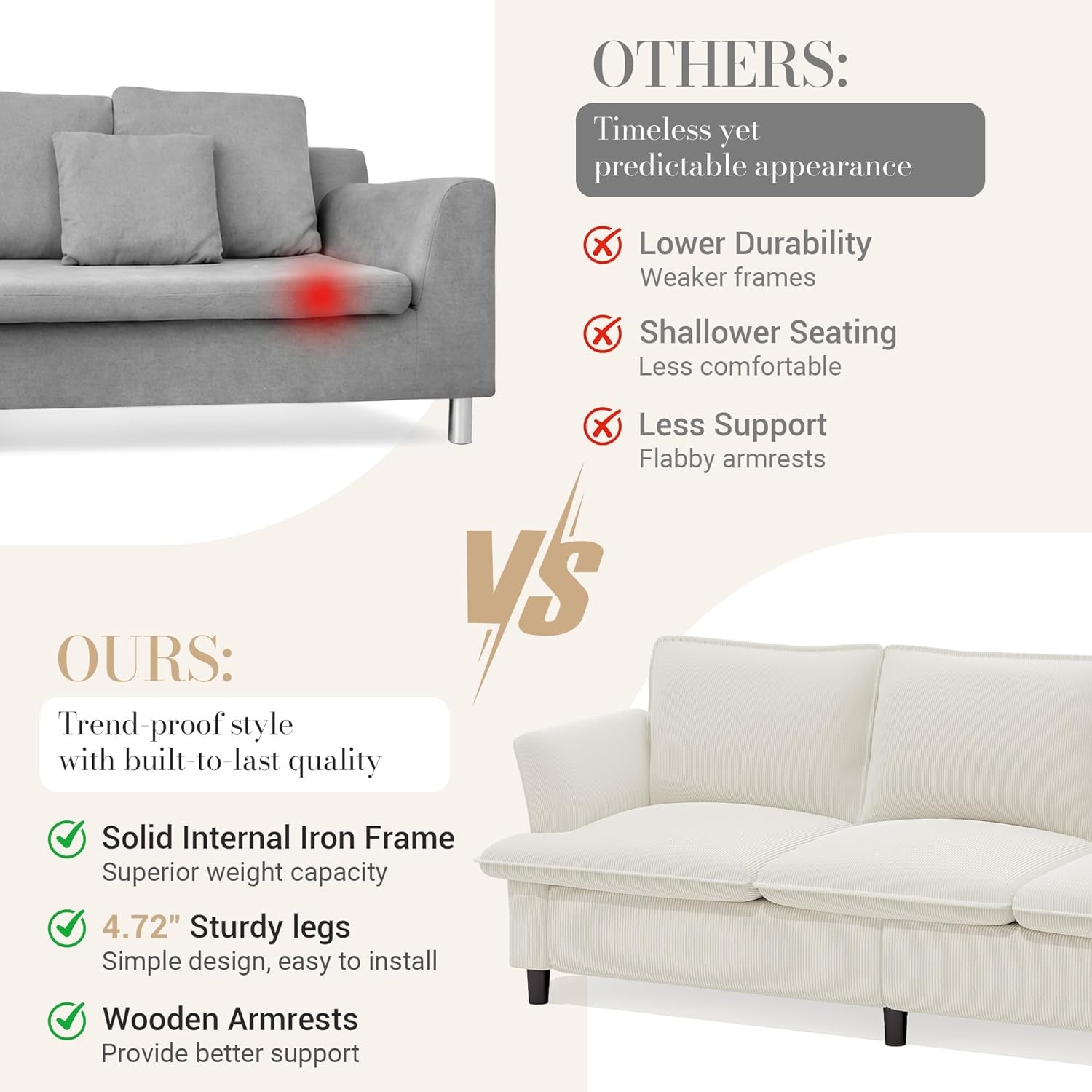 3 Seater Corduroy Couch 89" Comfy Couch W/ Deep Seat Modern Sofa Couch Living