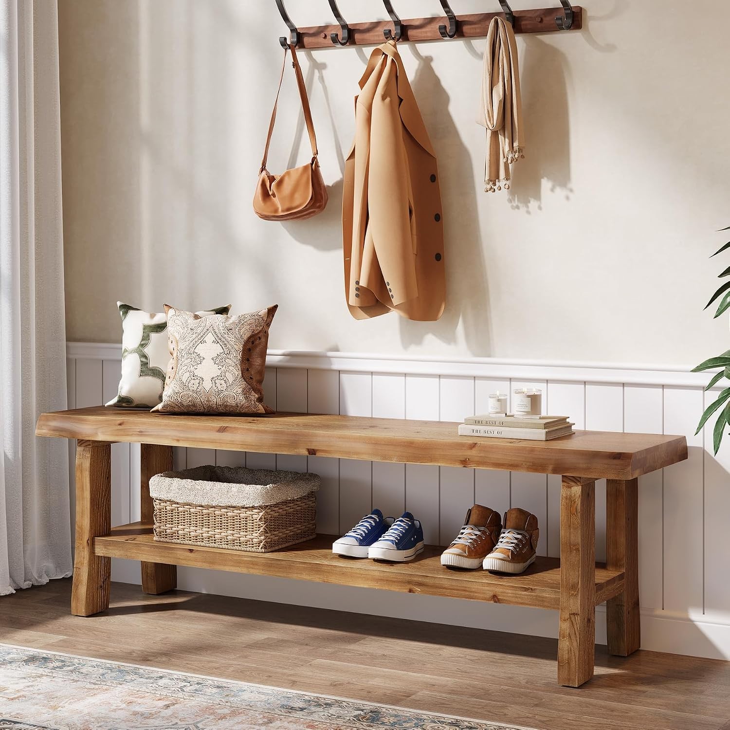 55.12" Solid Wood Shoe Bench, Entryway Bench End of Bed Stool with Lower Shelf